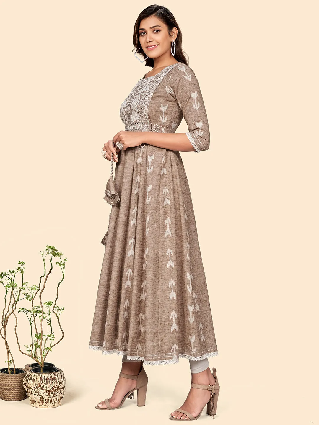 Women'S Embroidered Anarkali Cotton Blend Light Brown Stitched Dress