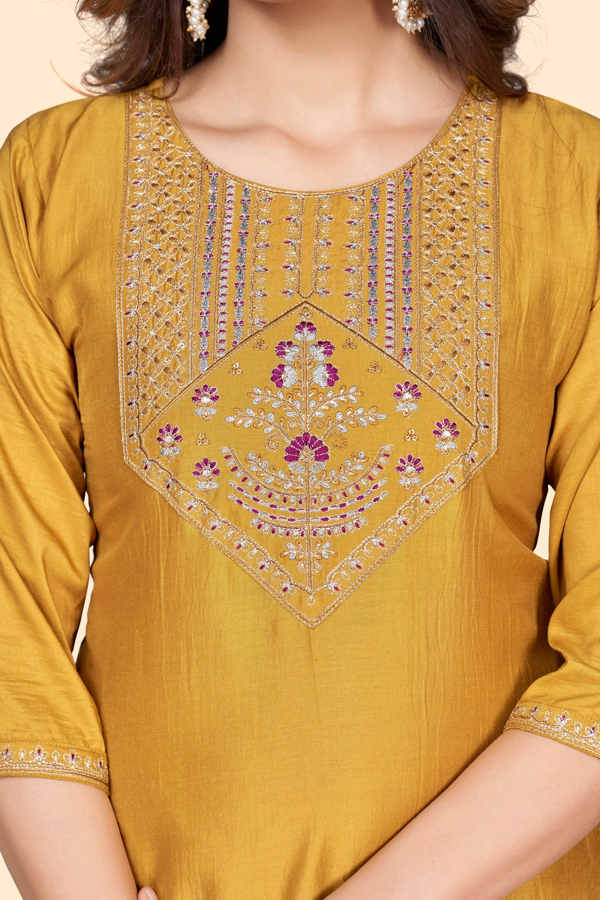 Women'S Embroidered Straight Chinon Yellow Stitched Kurta