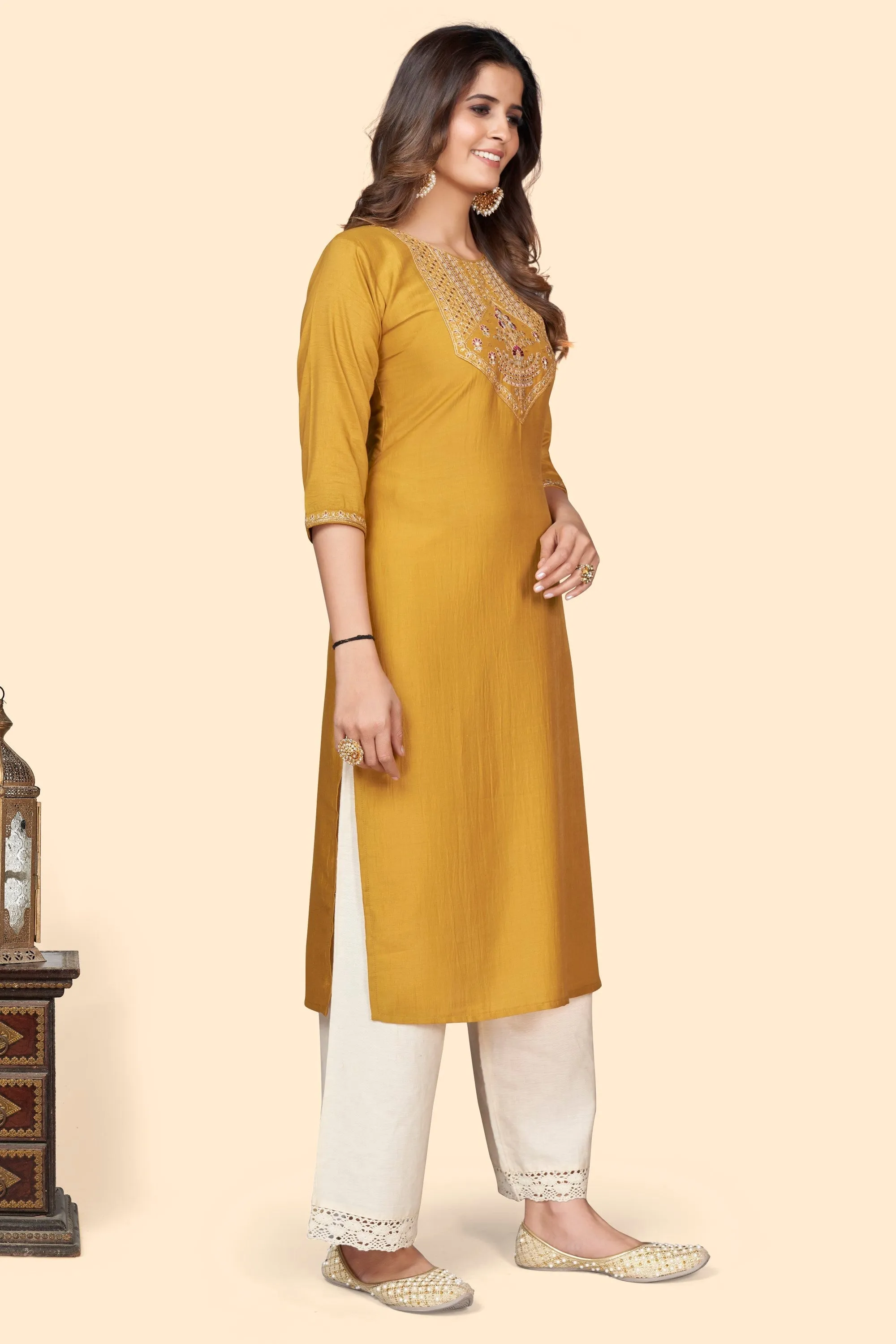 Women'S Embroidered Straight Chinon Yellow Stitched Kurta