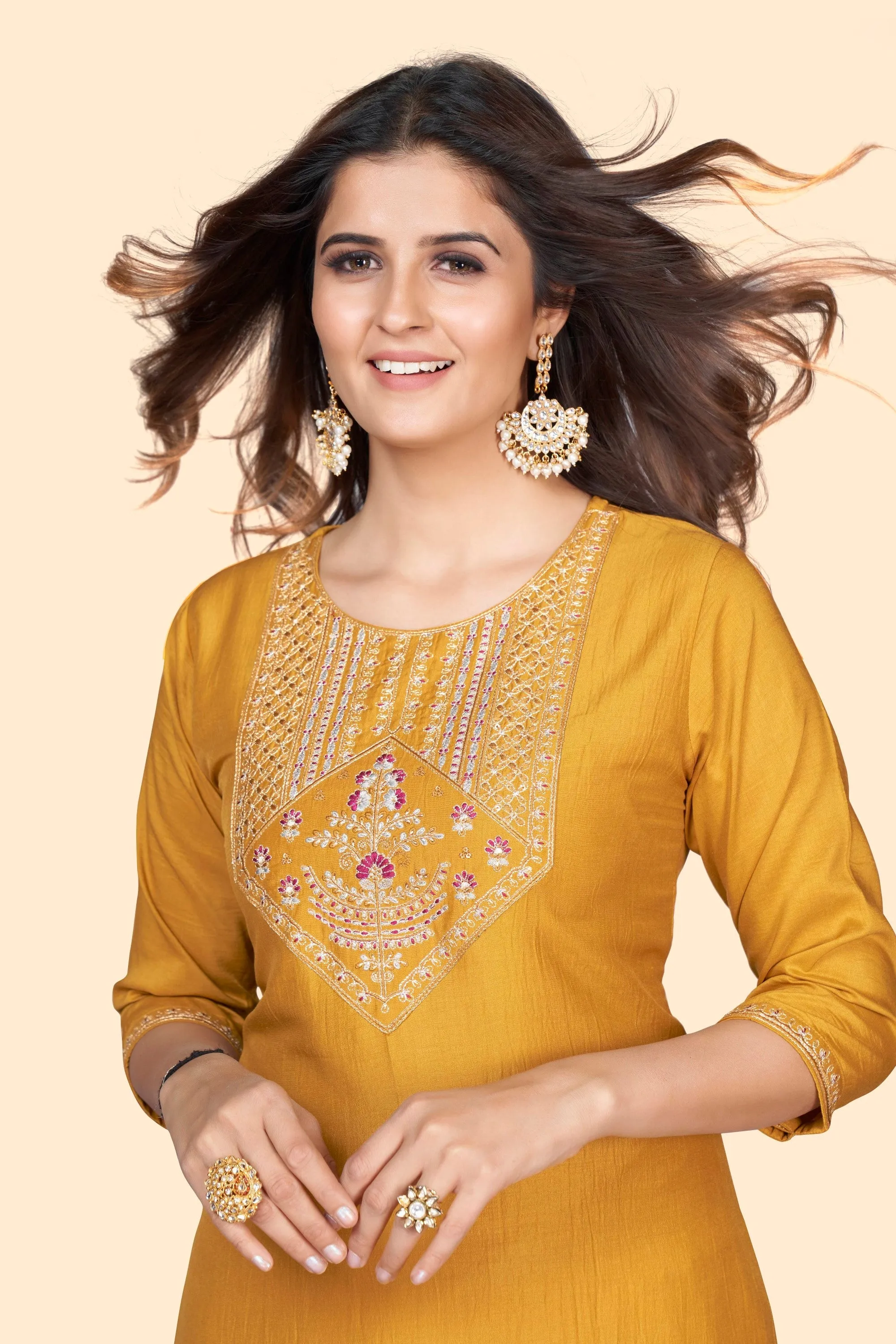 Women'S Embroidered Straight Chinon Yellow Stitched Kurta