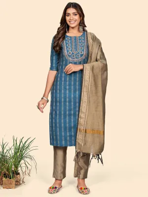 Women'S Embroidered Straight Cotton Auqa Stitched Kurta Pant With Dupatta