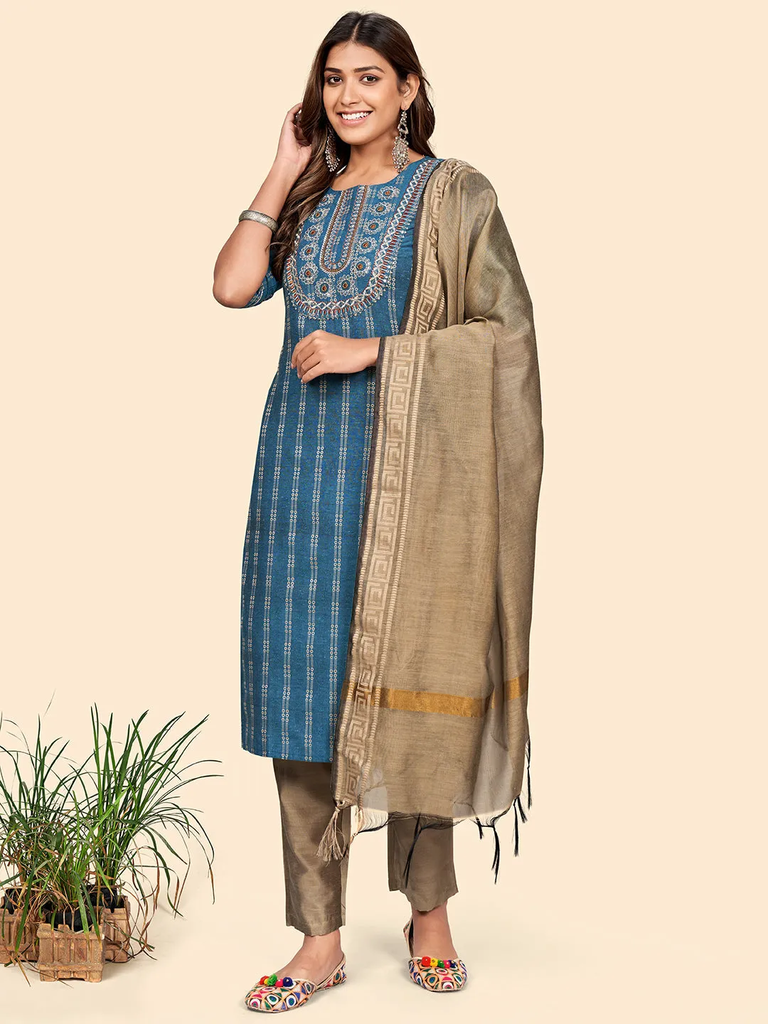 Women'S Embroidered Straight Cotton Auqa Stitched Kurta Pant With Dupatta