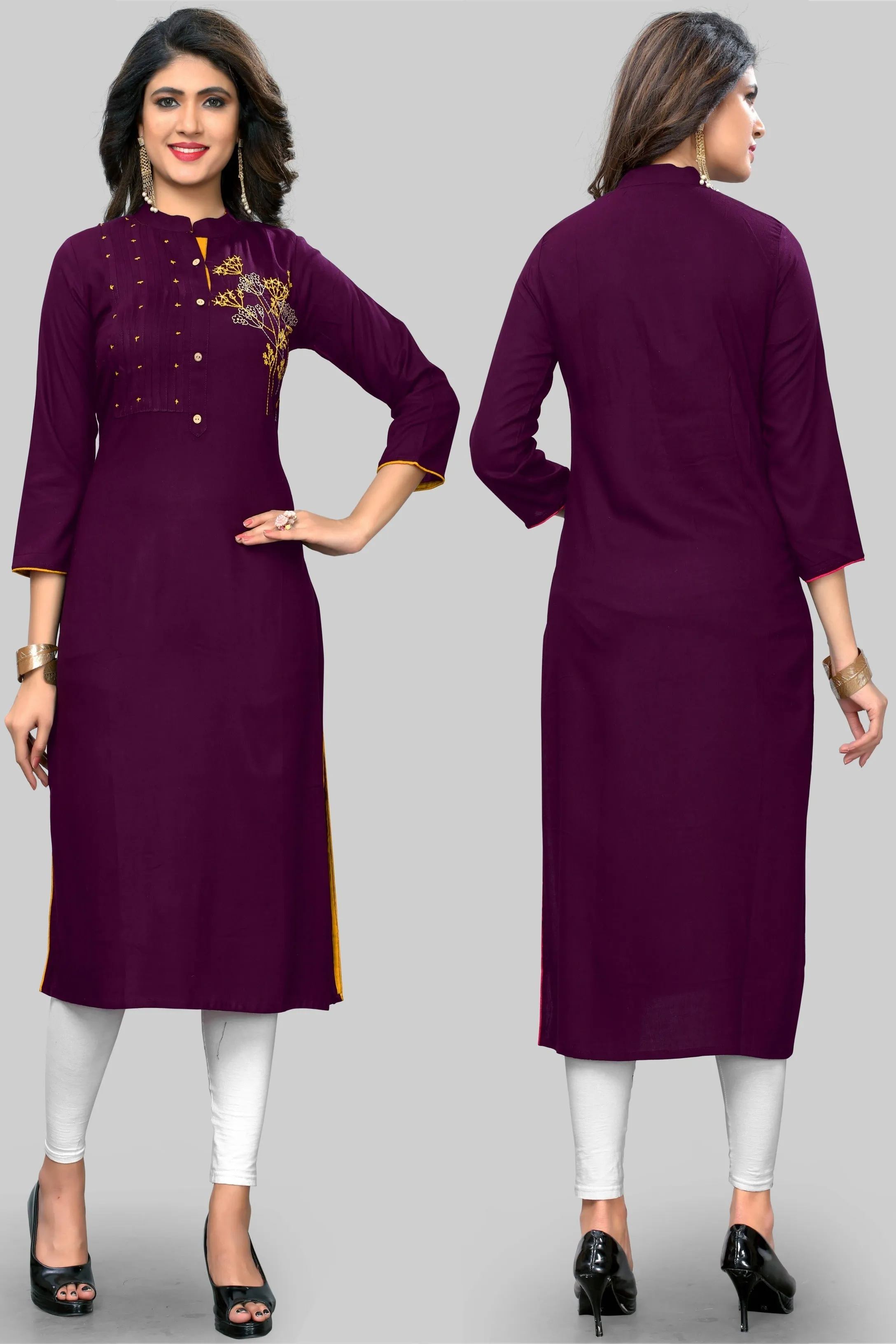 Women'S Embroidered Straight Rayon Purple Kurta Only