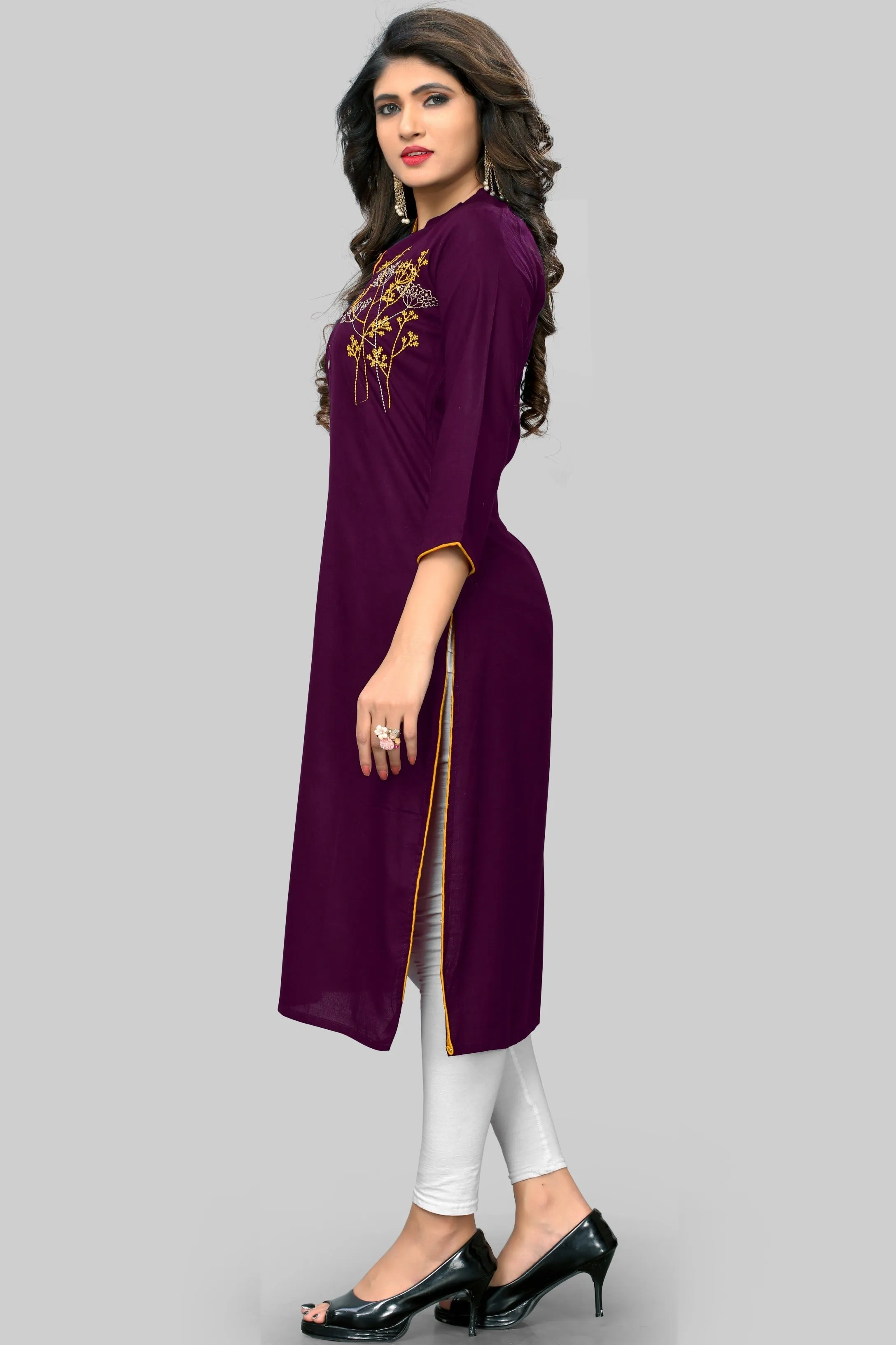 Women'S Embroidered Straight Rayon Purple Kurta Only