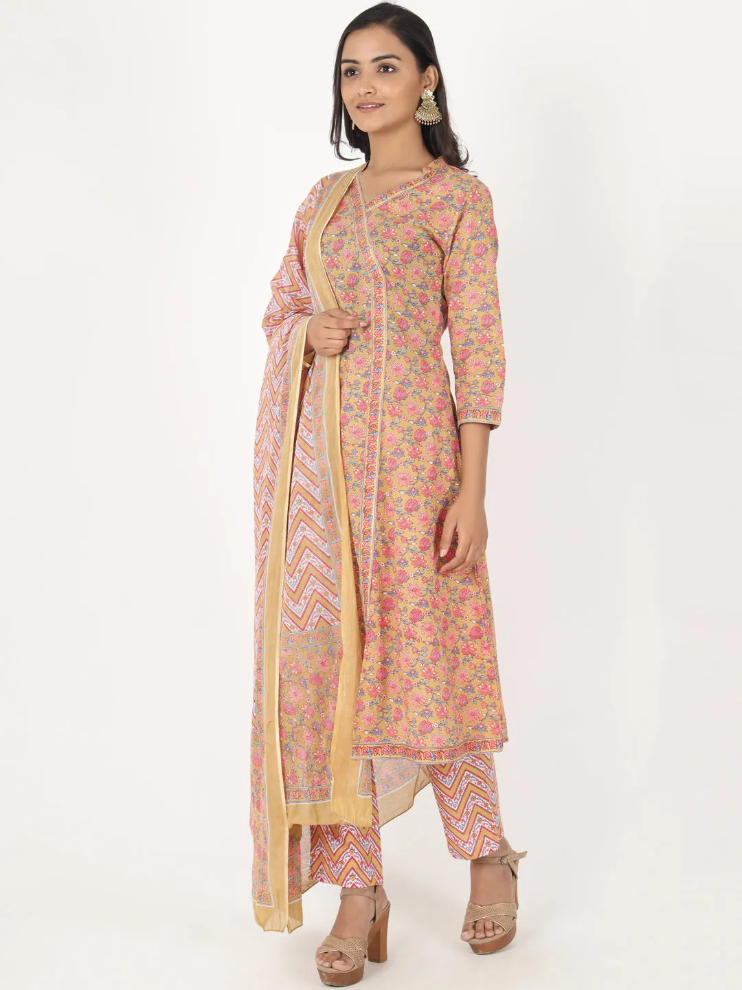 Women'S Floral Print A-Line Cotton Brown Kurta Palazzo With Dupatta