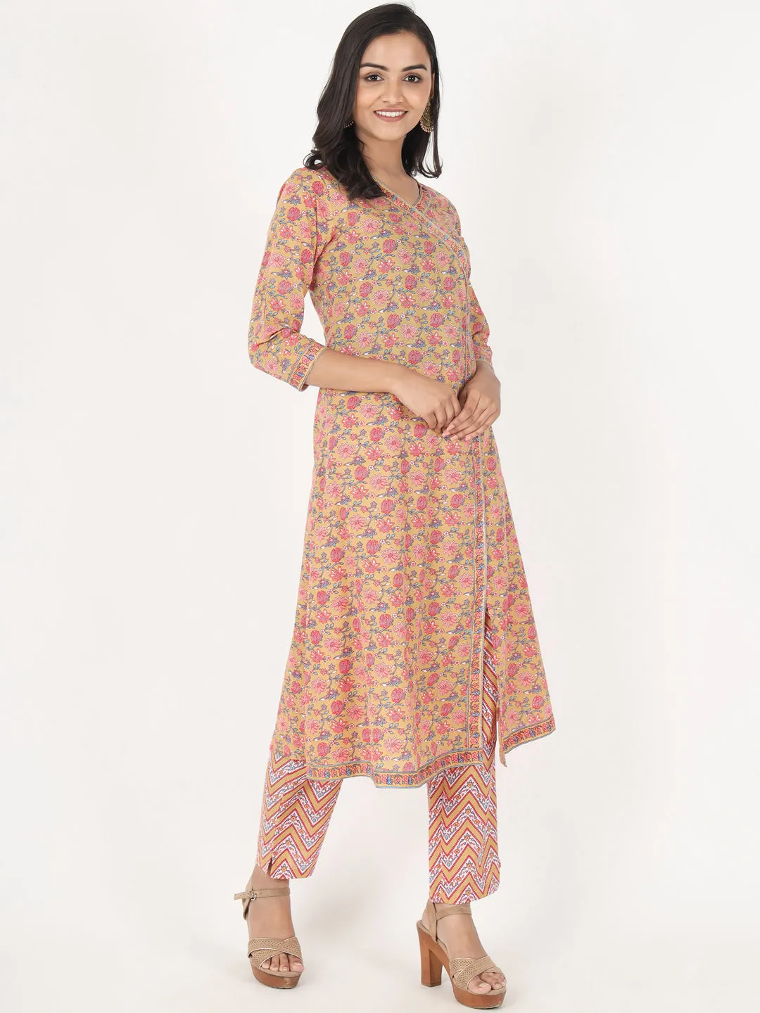 Women'S Floral Print A-Line Cotton Brown Kurta Palazzo With Dupatta