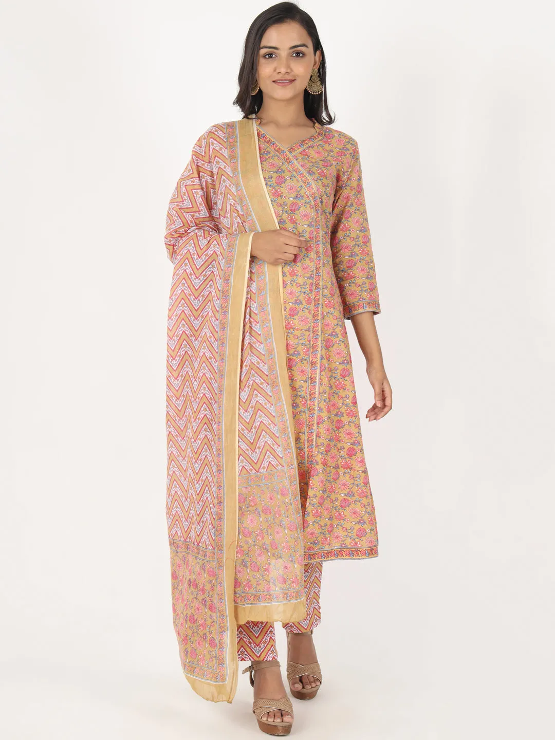 Women'S Floral Print A-Line Cotton Brown Kurta Palazzo With Dupatta