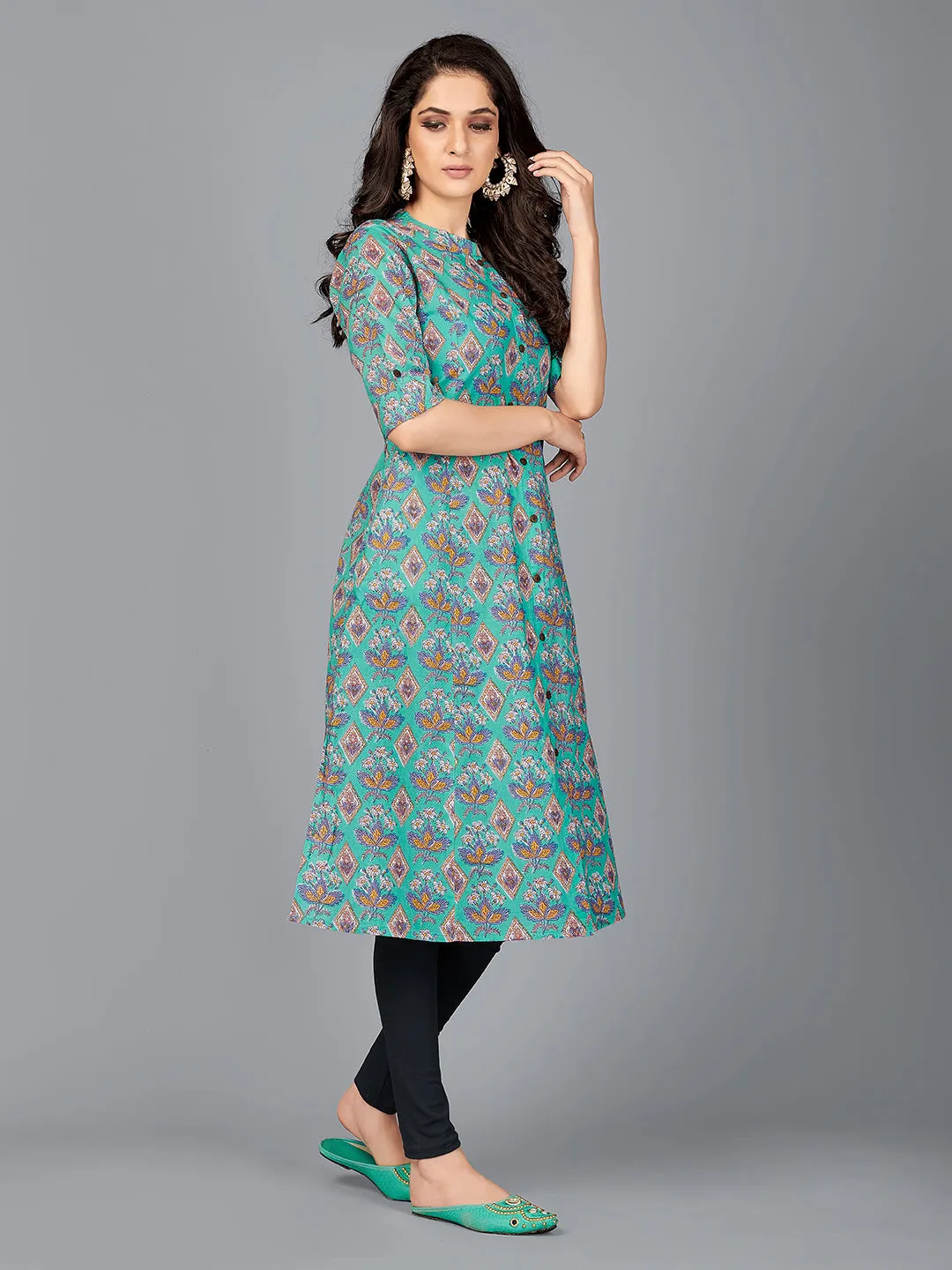 Women'S Floral Print A-Line Cotton Turquoise Stitched Kurta With Multiple Slit