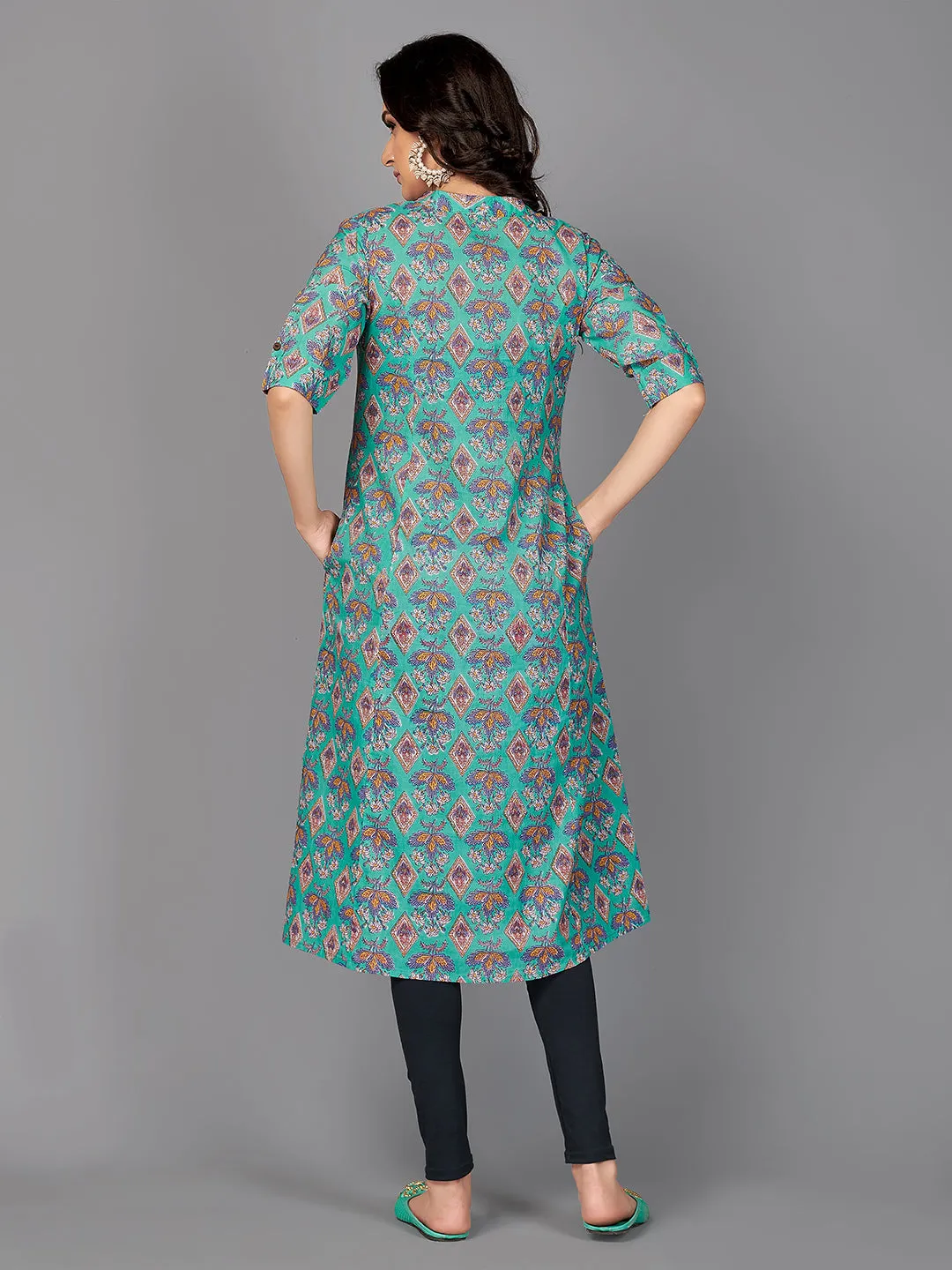 Women'S Floral Print A-Line Cotton Turquoise Stitched Kurta With Multiple Slit