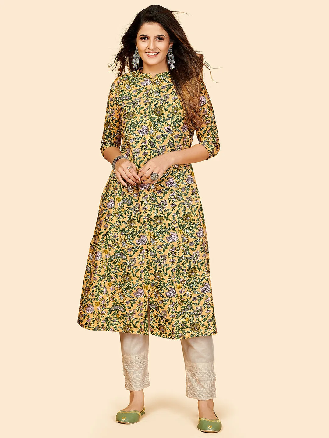 Women'S Floral Print A-Line Cotton Yellow Stitched Kurta