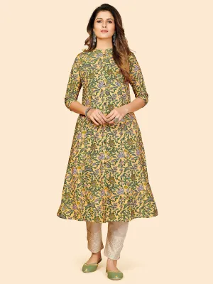 Women'S Floral Print A-Line Cotton Yellow Stitched Kurta