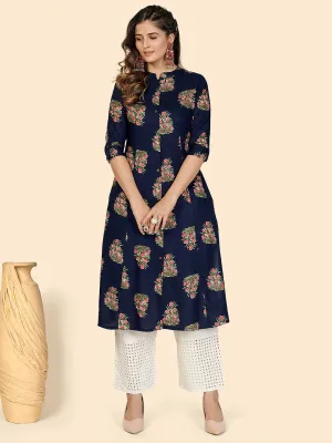 Women'S Floral Print A-Line Rayon Blue Stitched Kurta