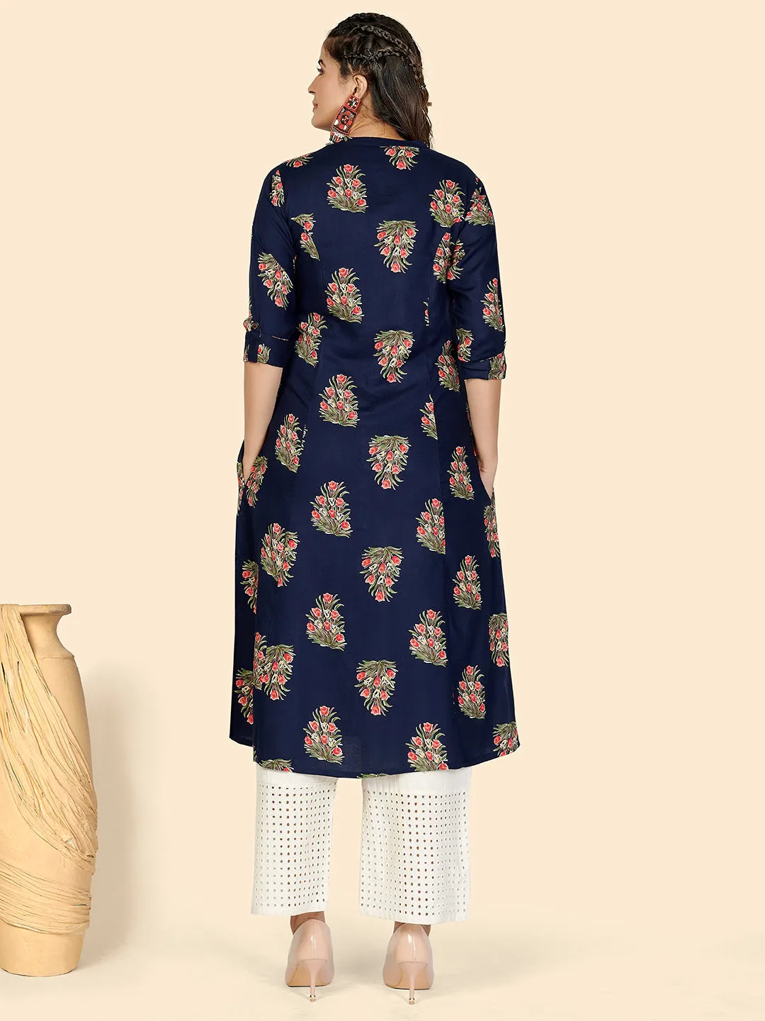 Women'S Floral Print A-Line Rayon Blue Stitched Kurta