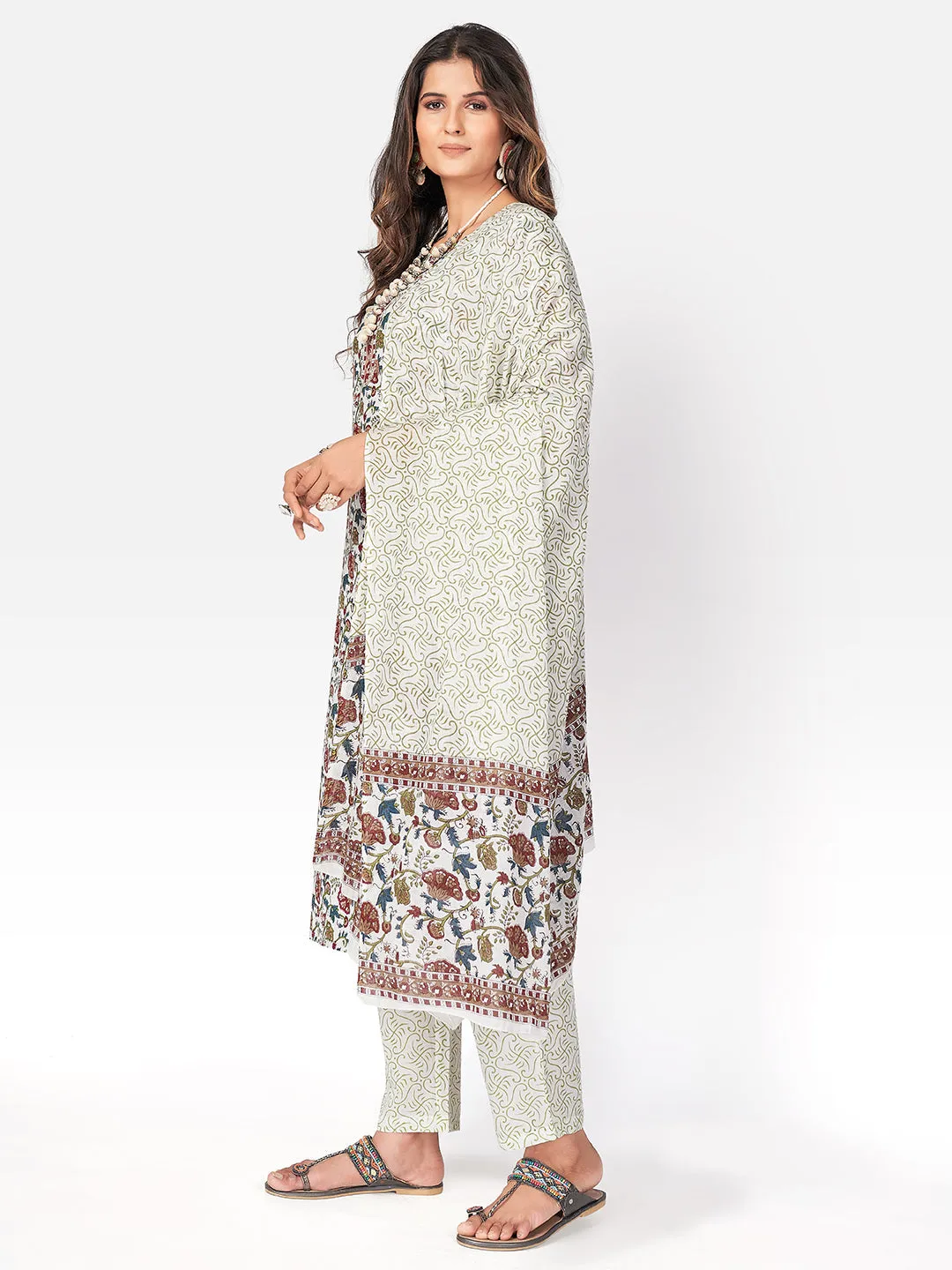 Women'S Floral Print & Gota Patti Straight Cotton White Kurta Pant With Dupatta