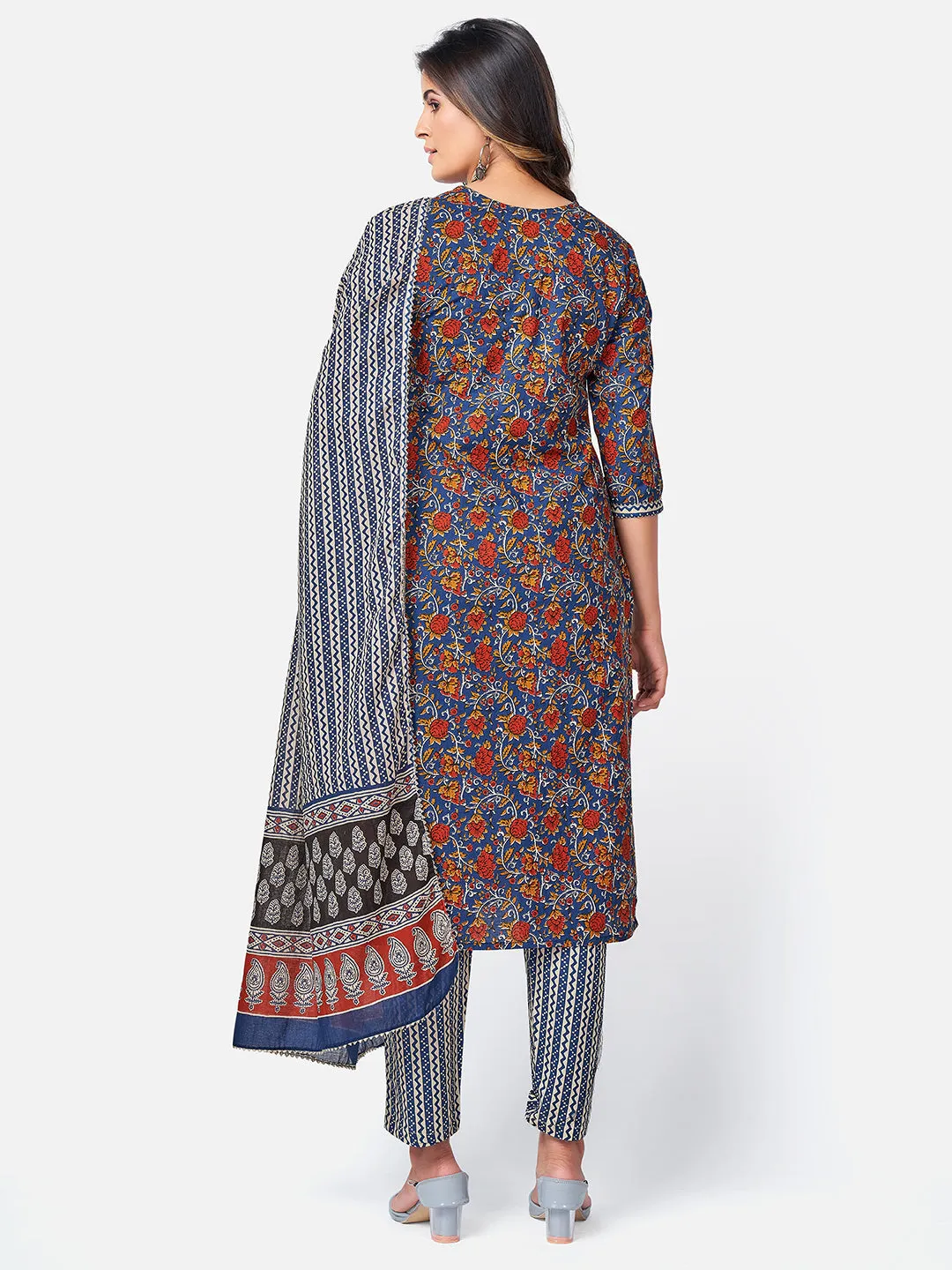 Women'S Floral Print & Sequence Work Straight Cotton Blue Kurta Pant With Dupatta