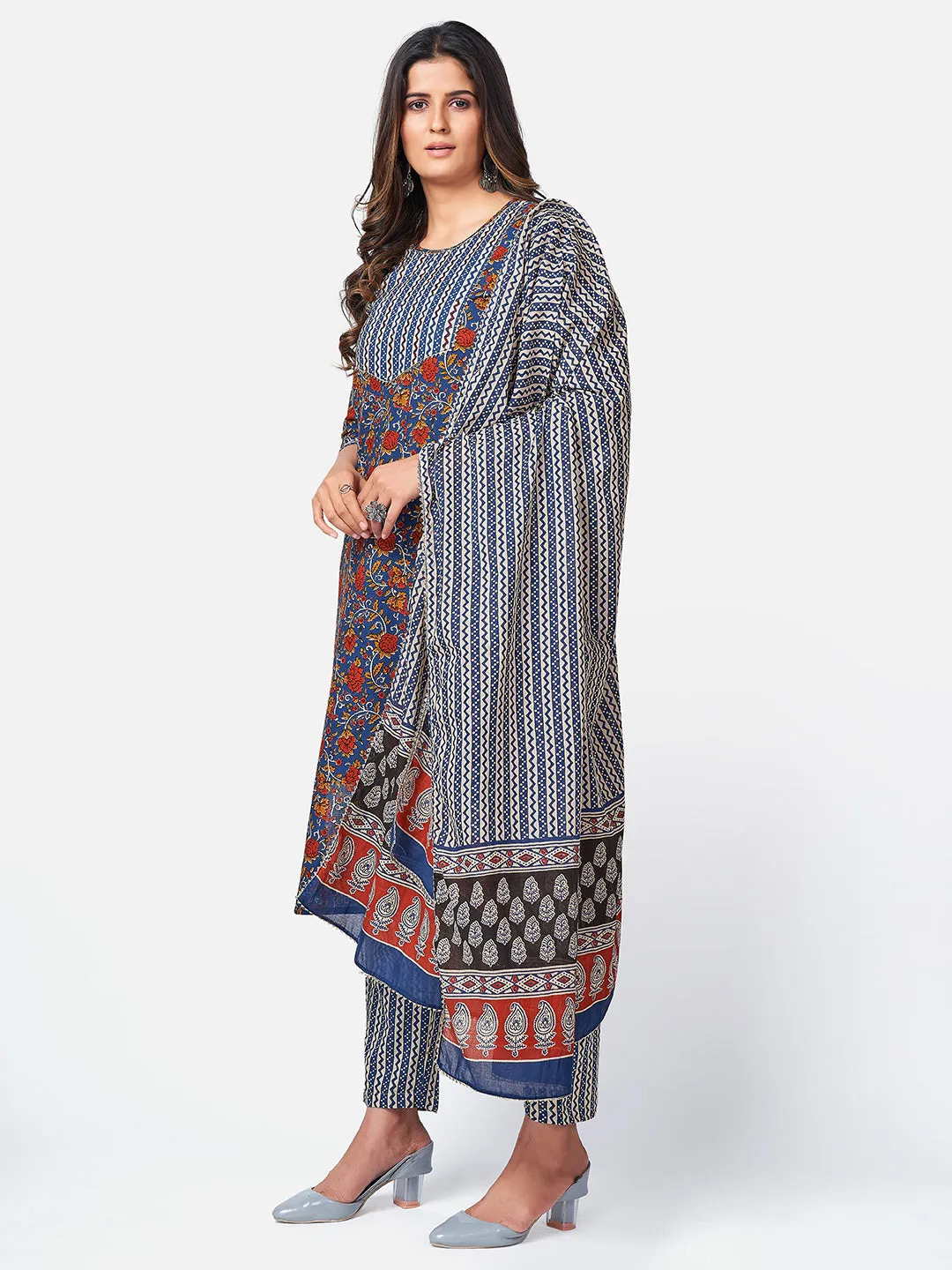 Women'S Floral Print & Sequence Work Straight Cotton Blue Kurta Pant With Dupatta