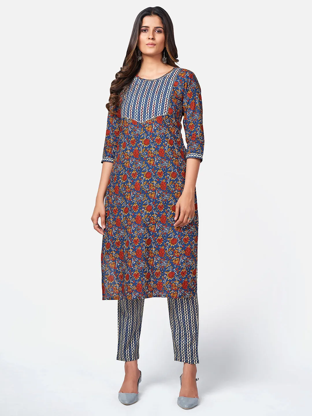 Women'S Floral Print & Sequence Work Straight Cotton Blue Kurta Pant With Dupatta