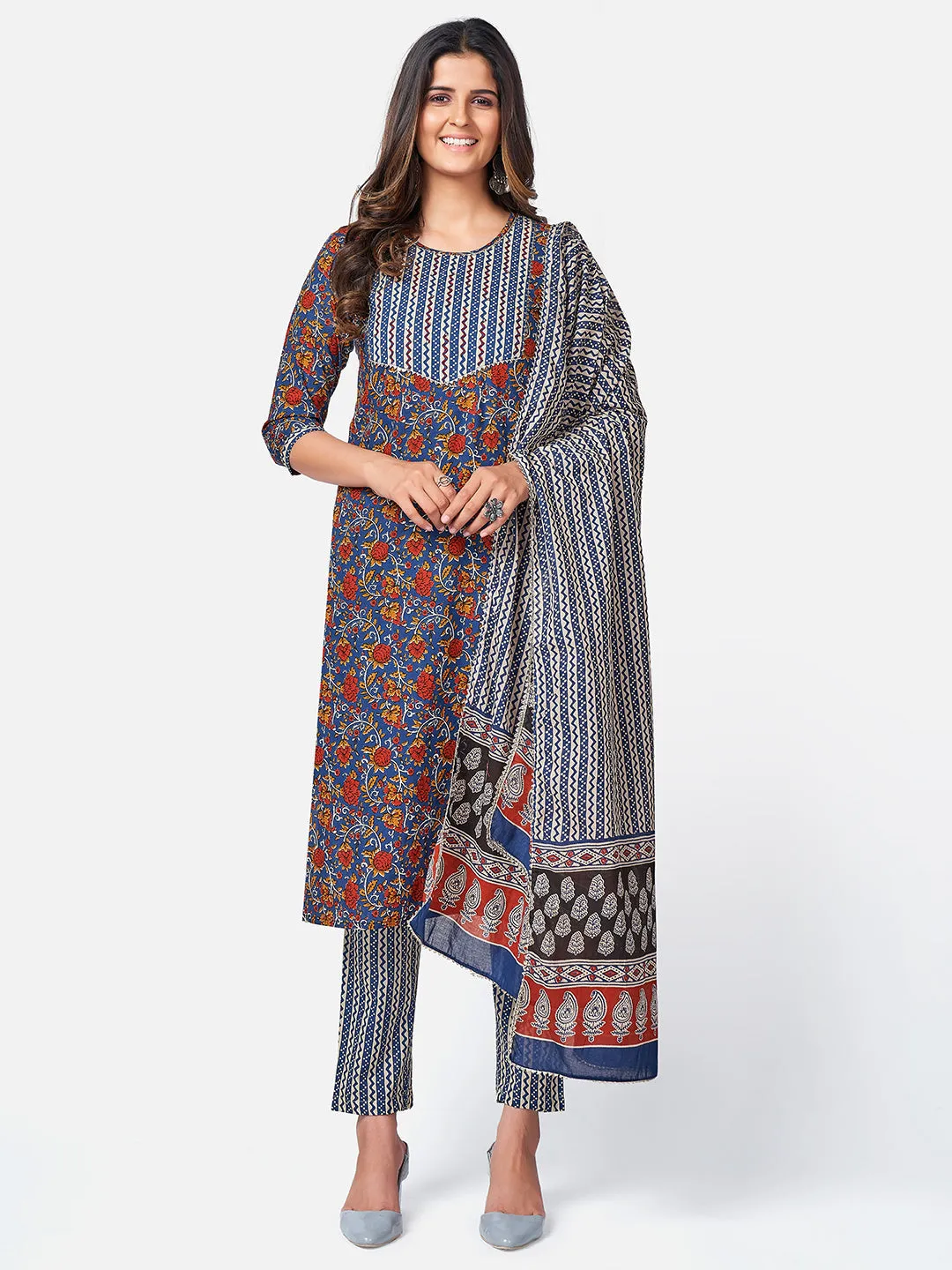 Women'S Floral Print & Sequence Work Straight Cotton Blue Kurta Pant With Dupatta