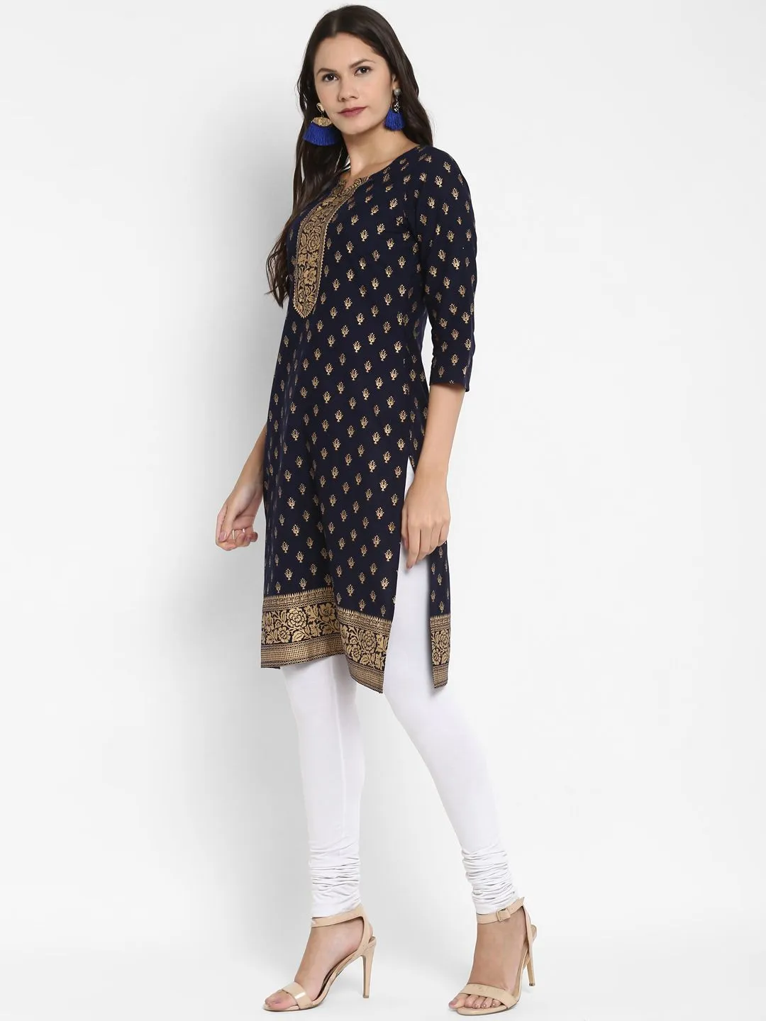 Women'S Foil Print Straight Cotton Navy Blue Kurta (1Pc)