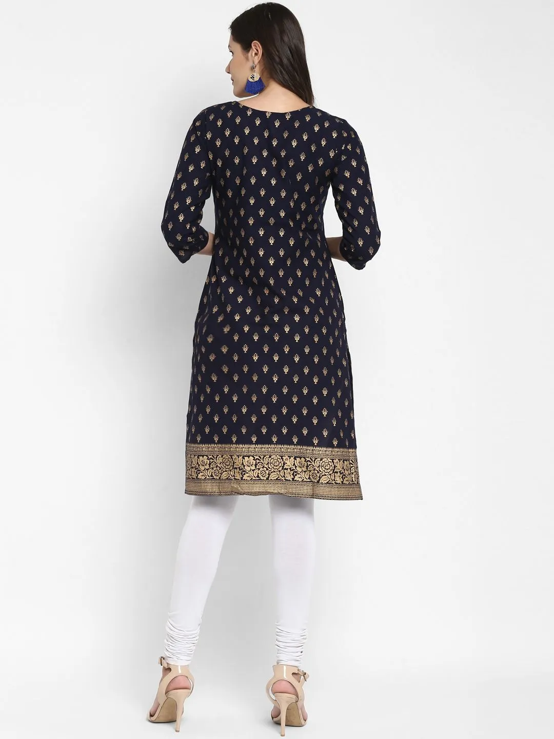 Women'S Foil Print Straight Cotton Navy Blue Kurta (1Pc)