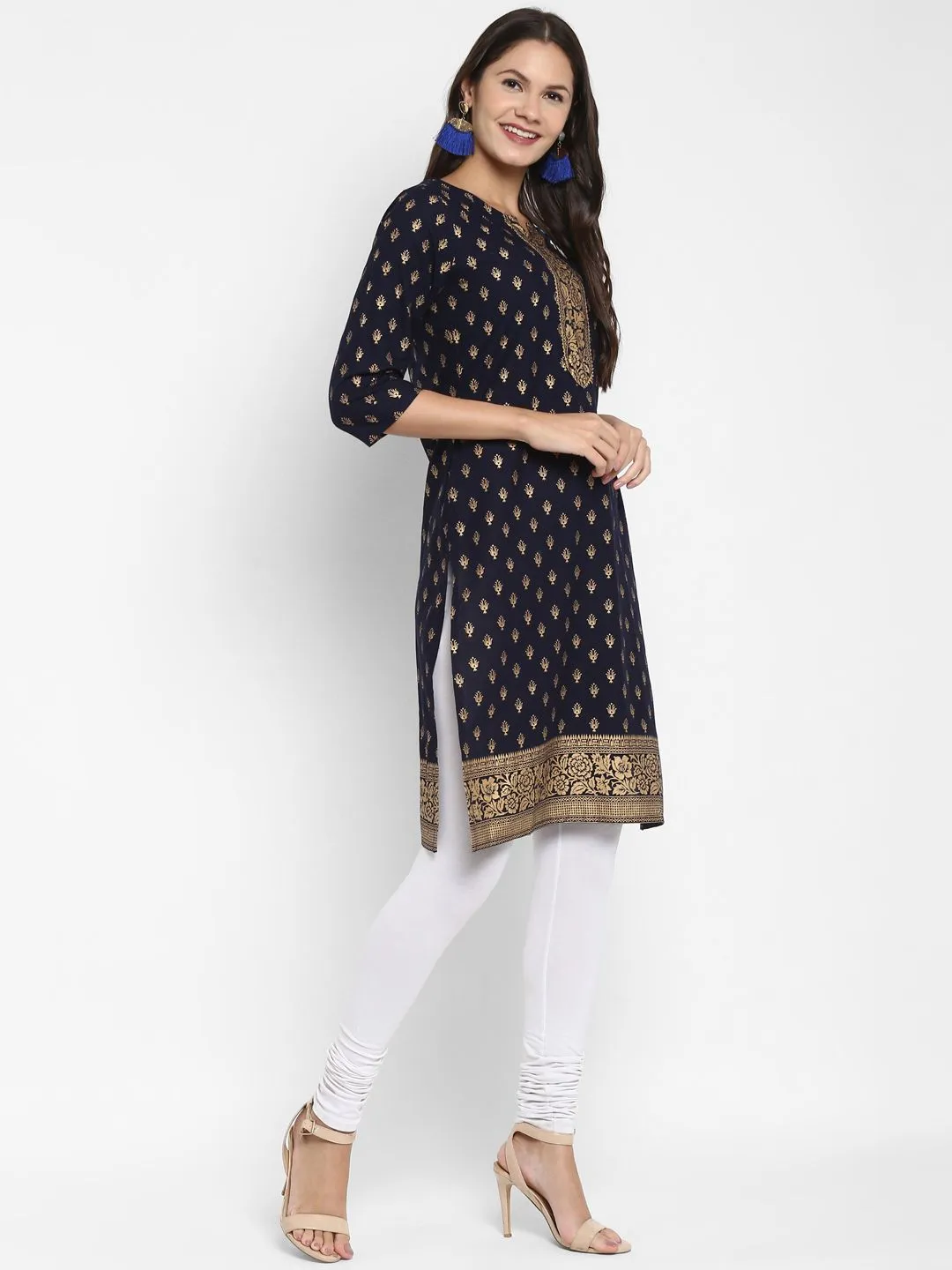 Women'S Foil Print Straight Cotton Navy Blue Kurta (1Pc)