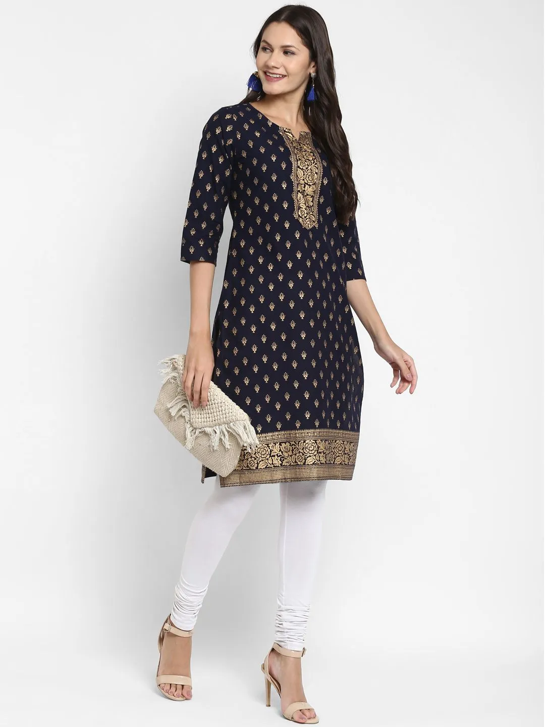 Women'S Foil Print Straight Cotton Navy Blue Kurta (1Pc)