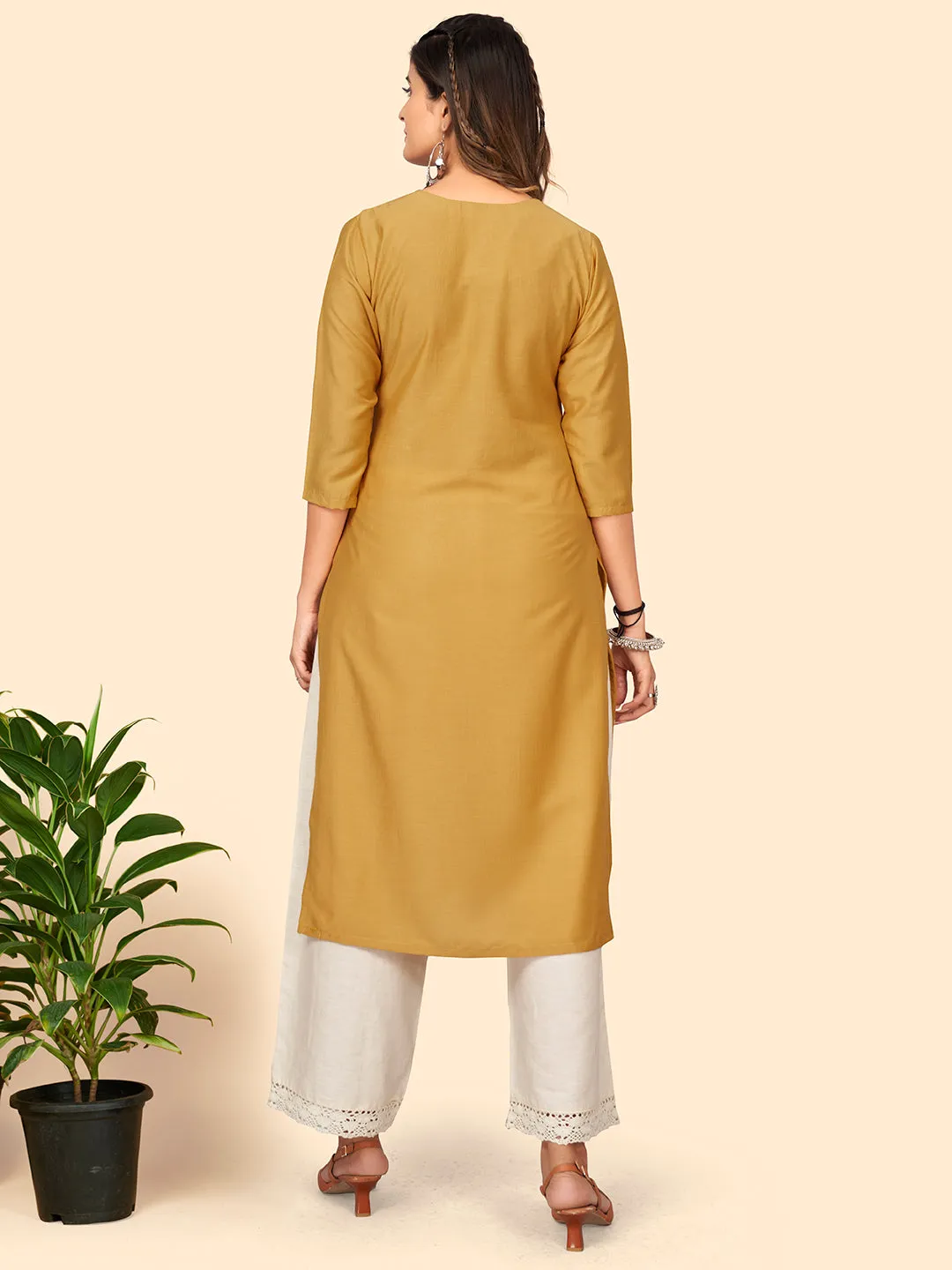 Women'S Hand Work Straight Chinon Yellow Stitched Kurta