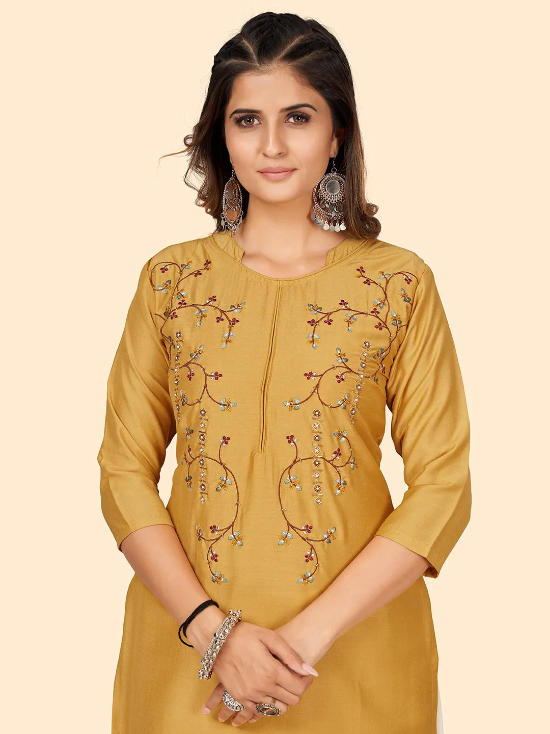 Women'S Hand Work Straight Chinon Yellow Stitched Kurta