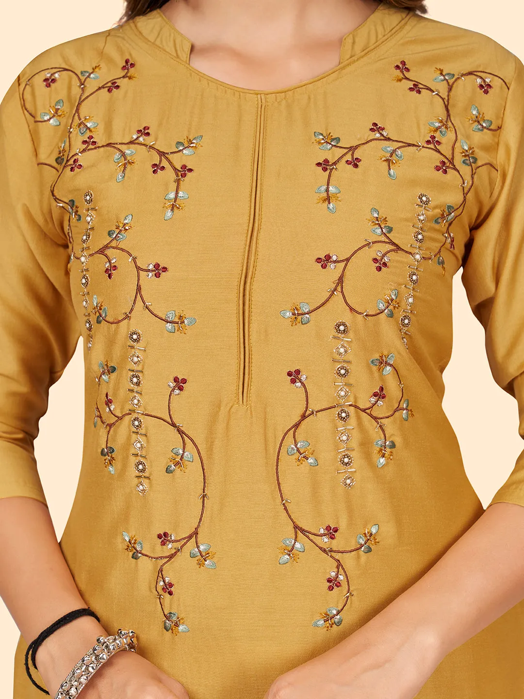 Women'S Hand Work Straight Chinon Yellow Stitched Kurta