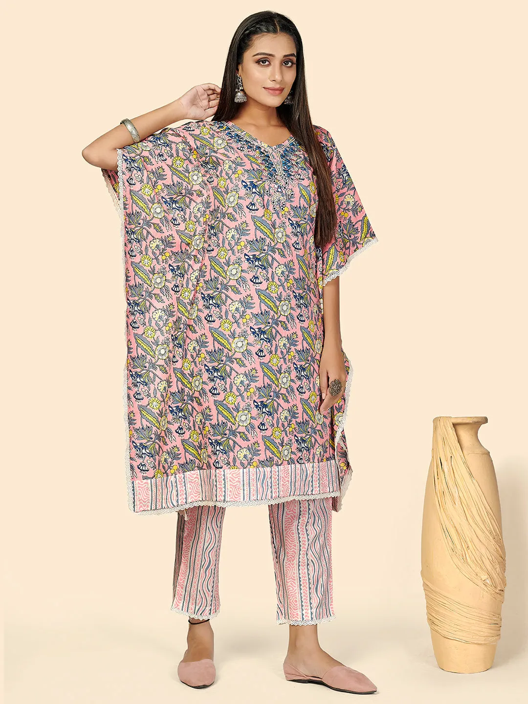 Women'S Mirror & Hand Work  Cotton Peach Stitched Kaftan Kurta With Pant Set