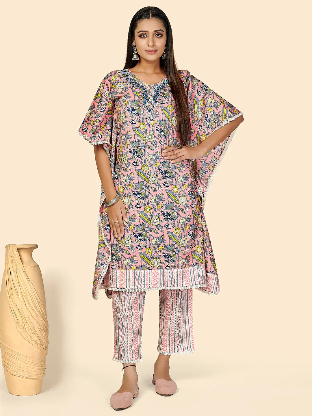 Women'S Mirror & Hand Work  Cotton Peach Stitched Kaftan Kurta With Pant Set