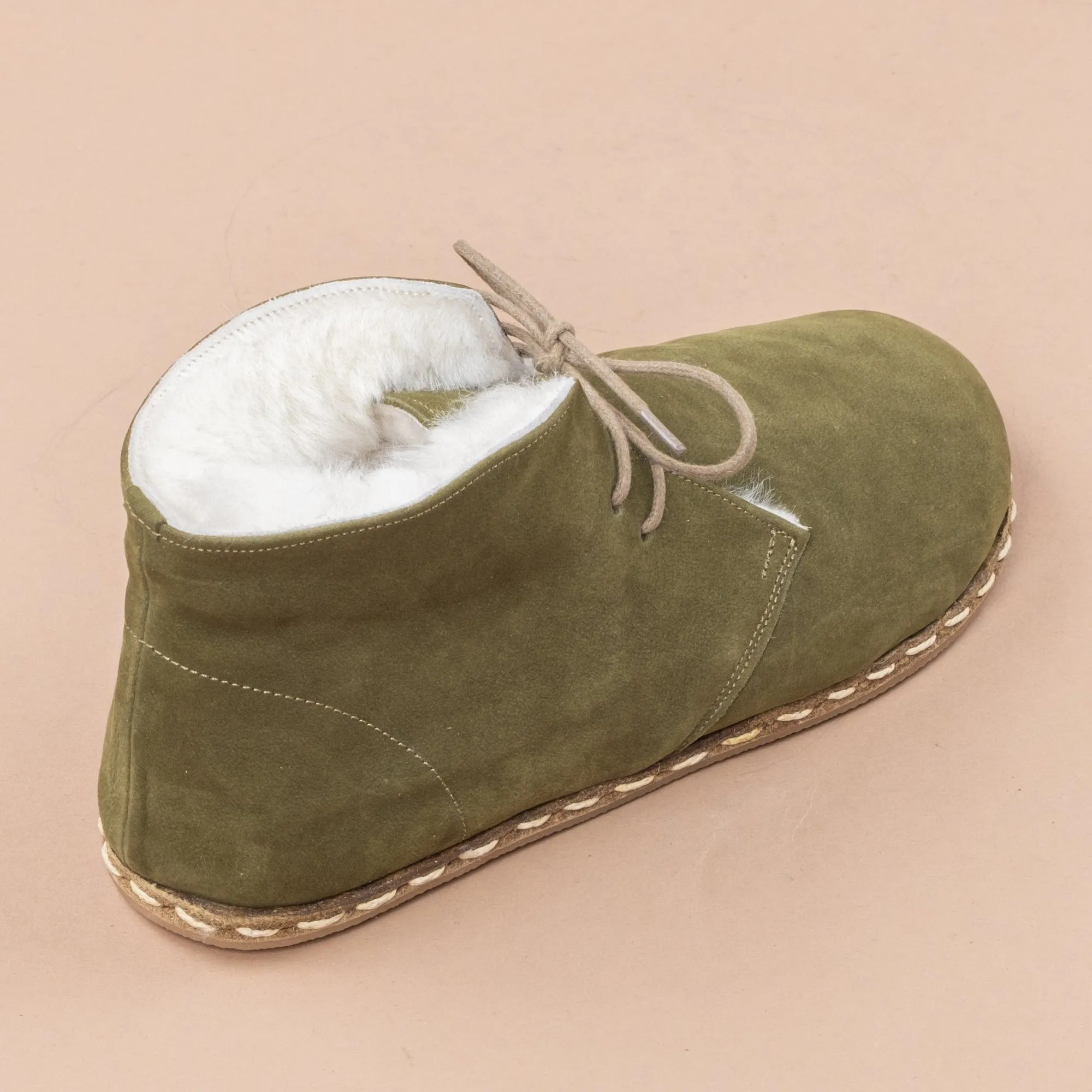 Women's Olive Barefoot Oxford Boots with Fur