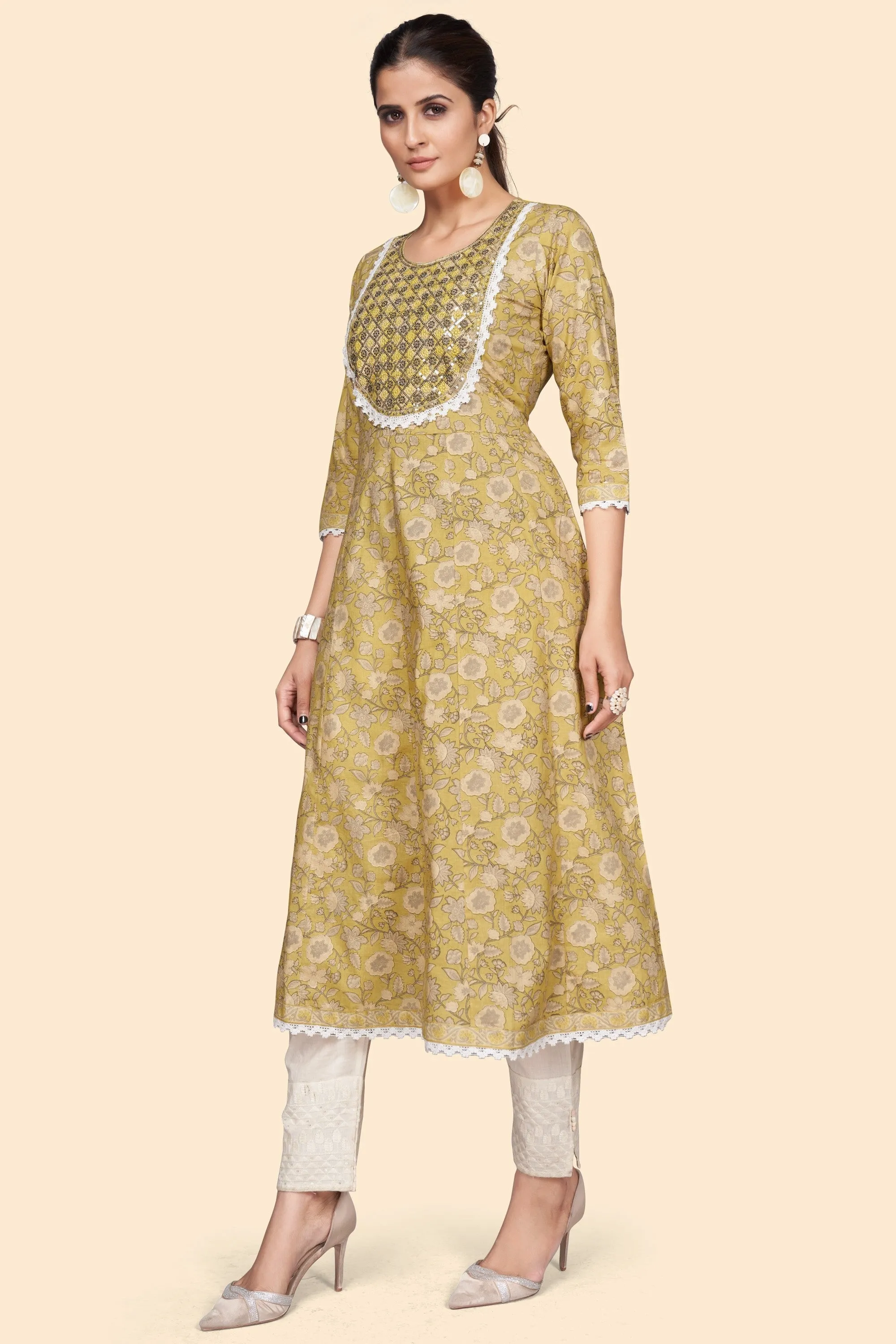 Women'S Print & Embroidered A-Line Cotton Yellow Stitched Kurta