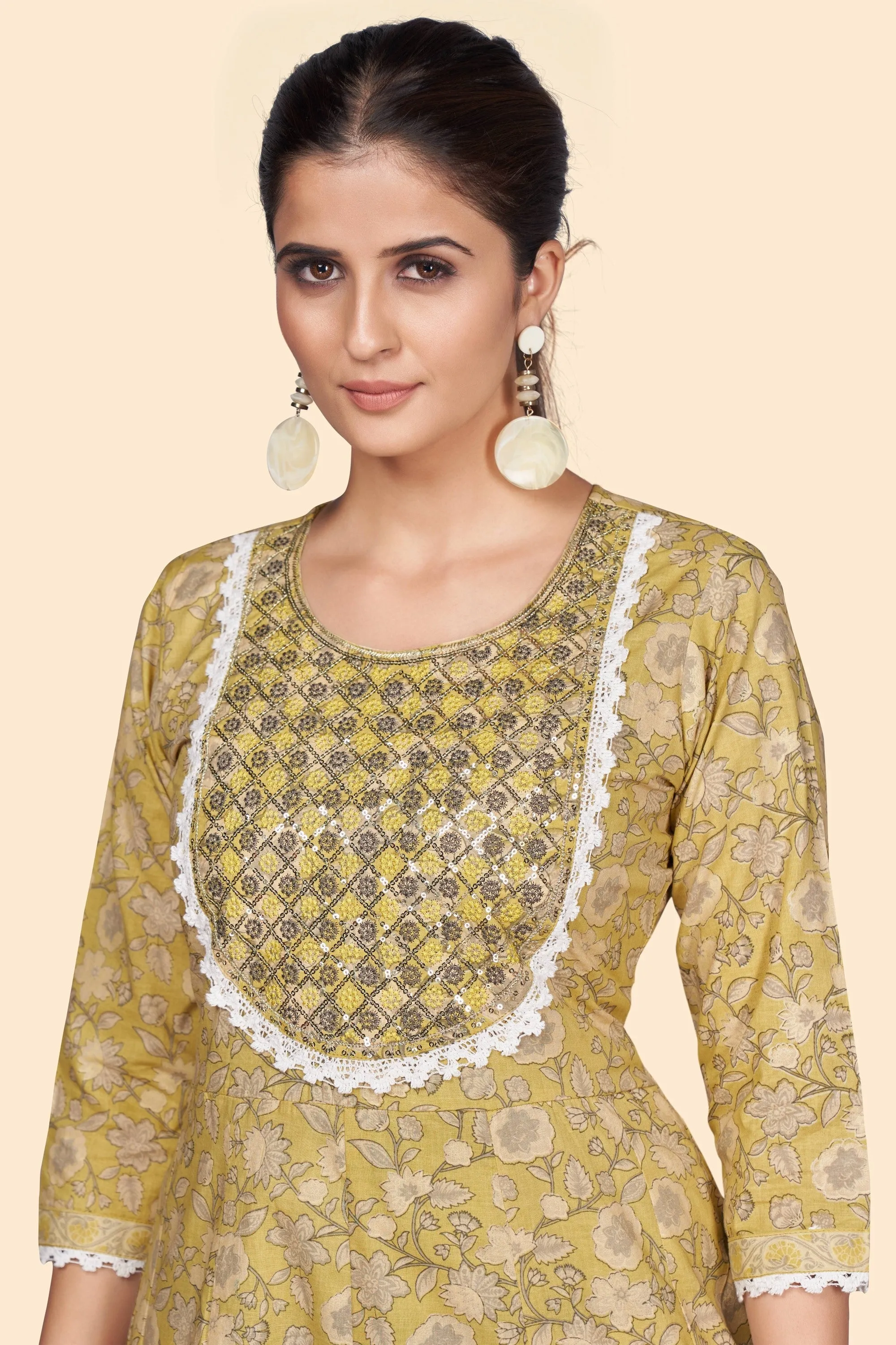 Women'S Print & Embroidered A-Line Cotton Yellow Stitched Kurta