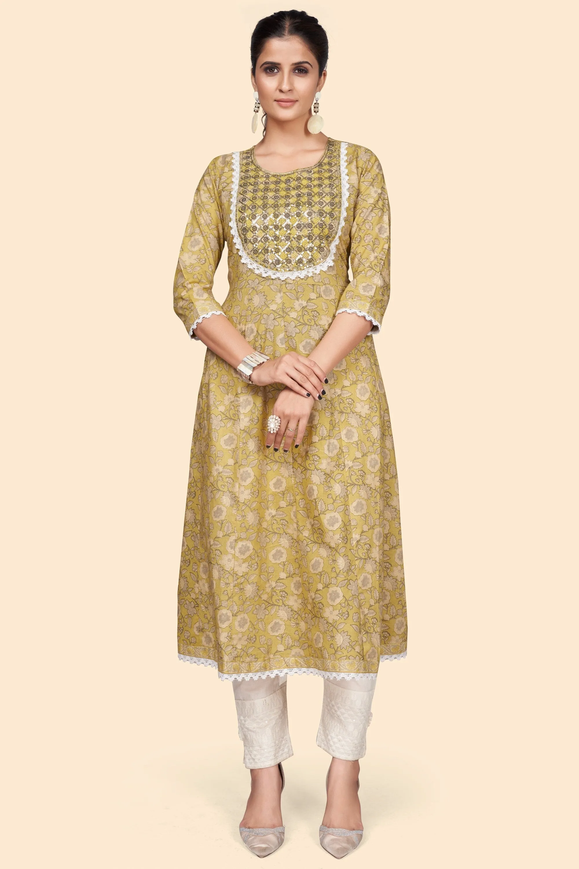 Women'S Print & Embroidered A-Line Cotton Yellow Stitched Kurta