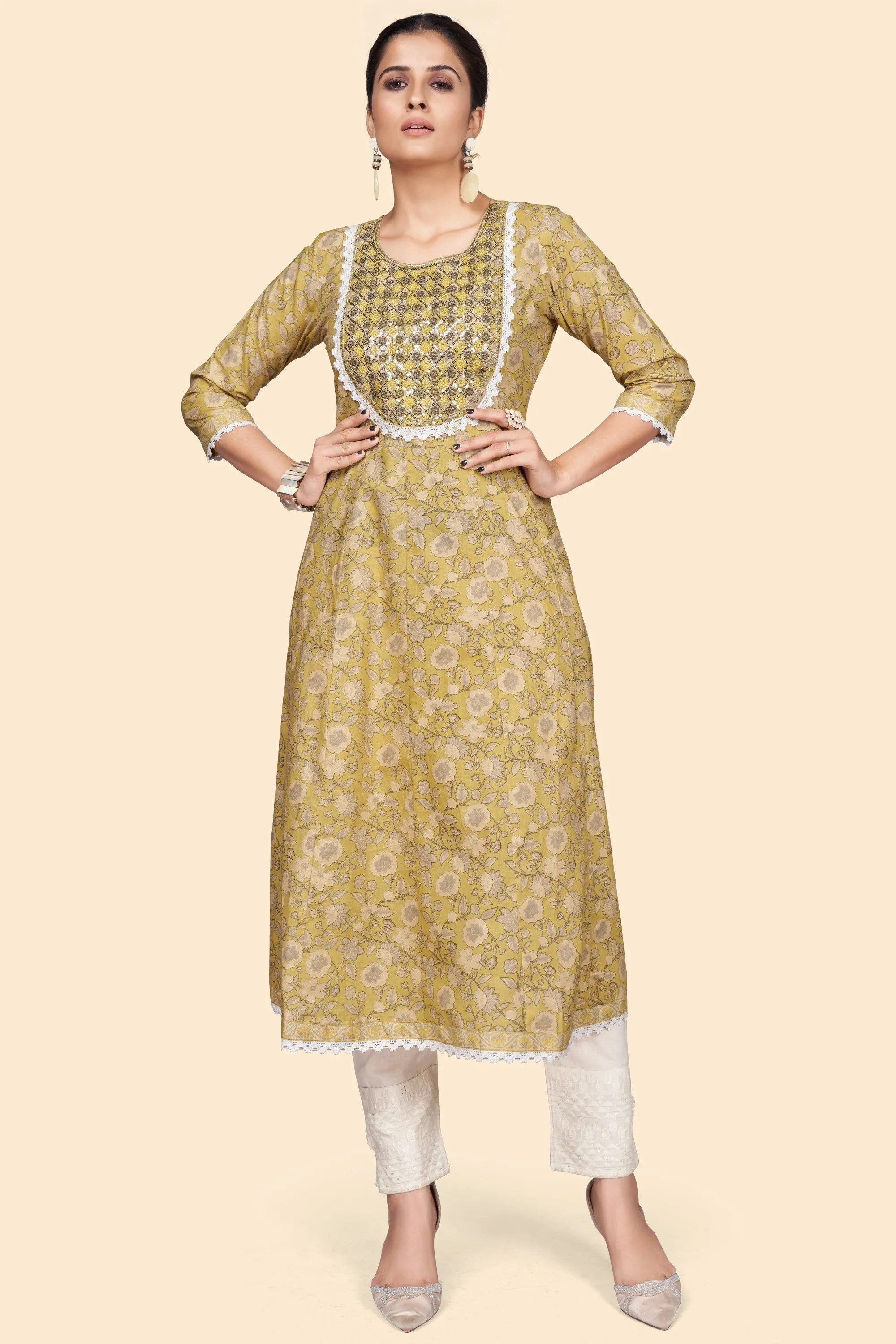 Women'S Print & Embroidered A-Line Cotton Yellow Stitched Kurta