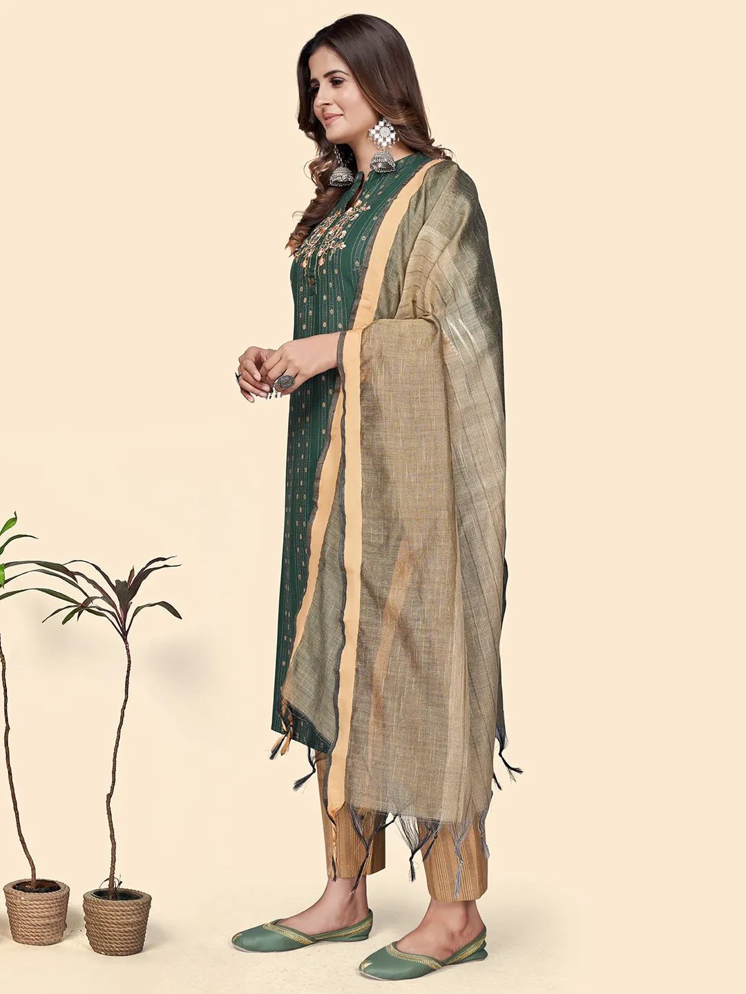 Women'S Print & Embroidered Straight Cotton Blend Green Stitched Kurta Pant With Dupatta