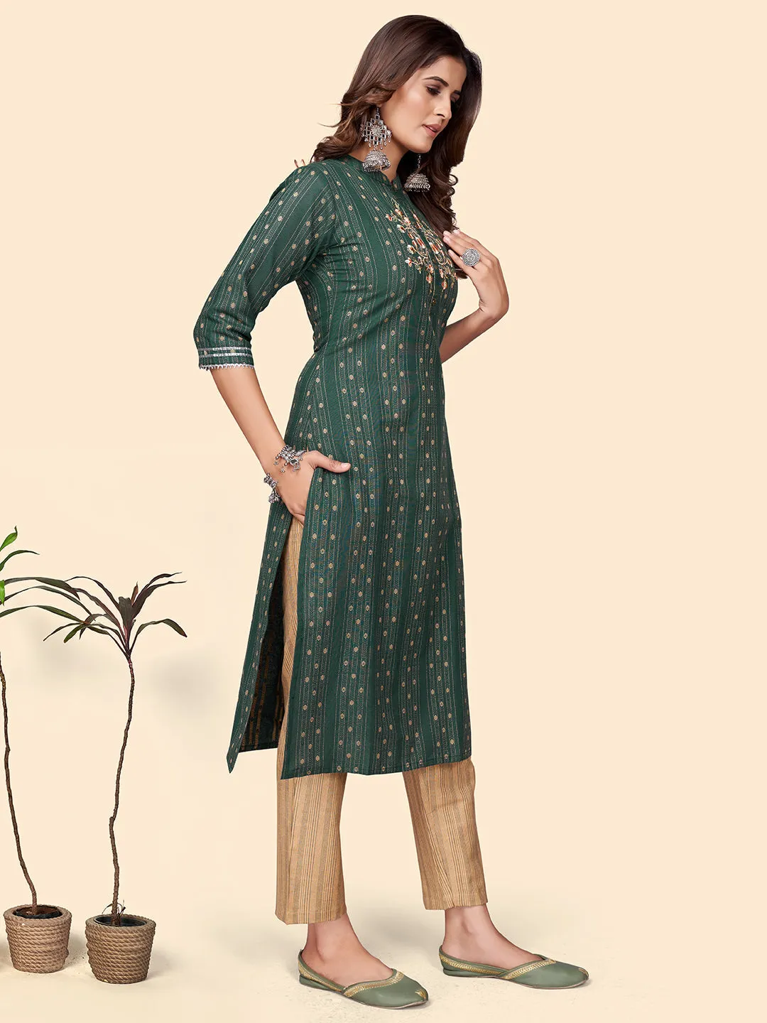 Women'S Print & Embroidered Straight Cotton Blend Green Stitched Kurta Pant With Dupatta