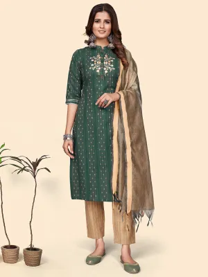 Women'S Print & Embroidered Straight Cotton Blend Green Stitched Kurta Pant With Dupatta