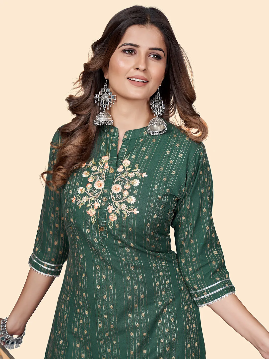 Women'S Print & Embroidered Straight Cotton Blend Green Stitched Kurta Pant With Dupatta