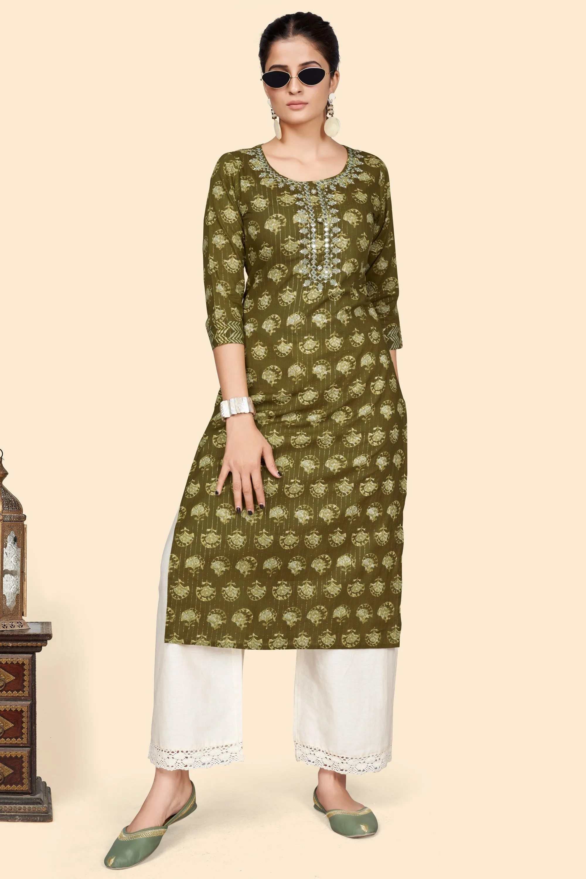 Women'S Print & Embroidered Straight Cotton Mahendi Green Stitched Kurta