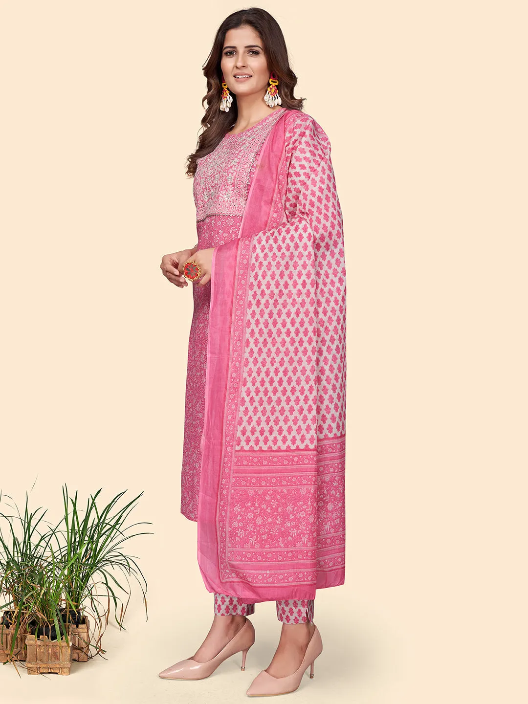 Women'S Print & Embroidered Straight Cotton Pink Stitched Kurta Pant With Dupatta