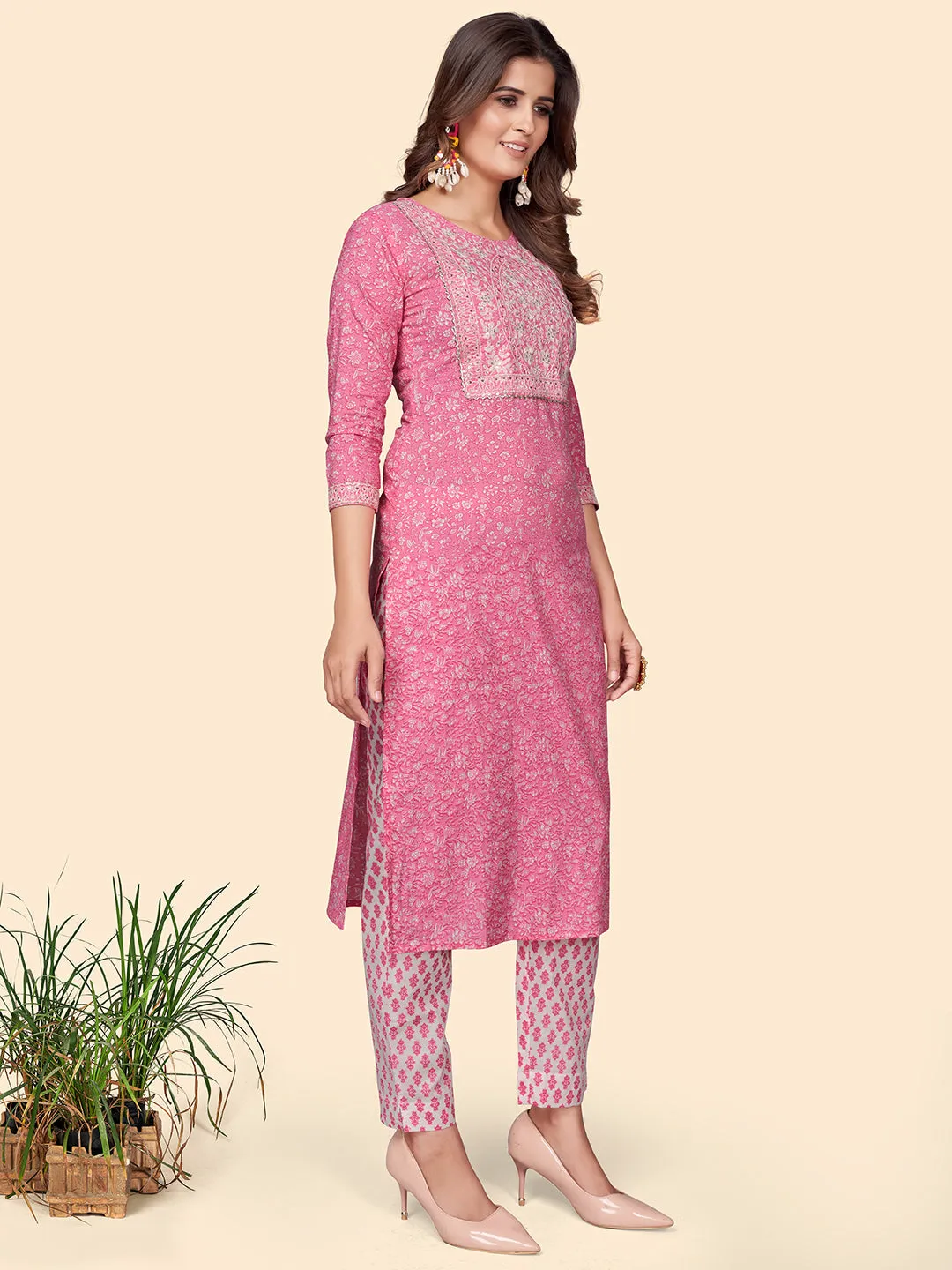 Women'S Print & Embroidered Straight Cotton Pink Stitched Kurta Pant With Dupatta