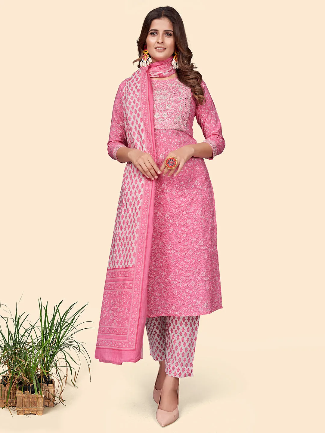 Women'S Print & Embroidered Straight Cotton Pink Stitched Kurta Pant With Dupatta