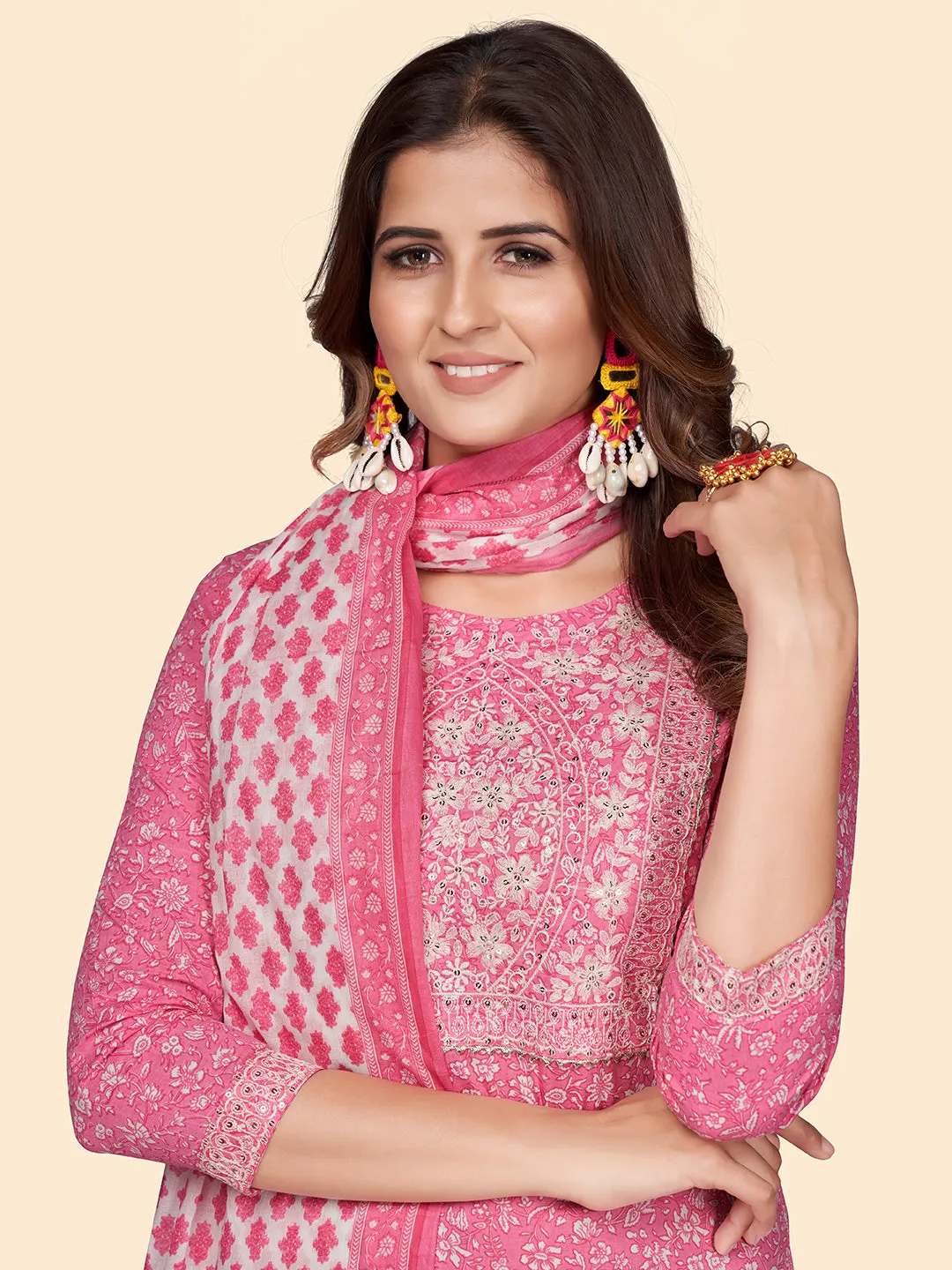 Women'S Print & Embroidered Straight Cotton Pink Stitched Kurta Pant With Dupatta