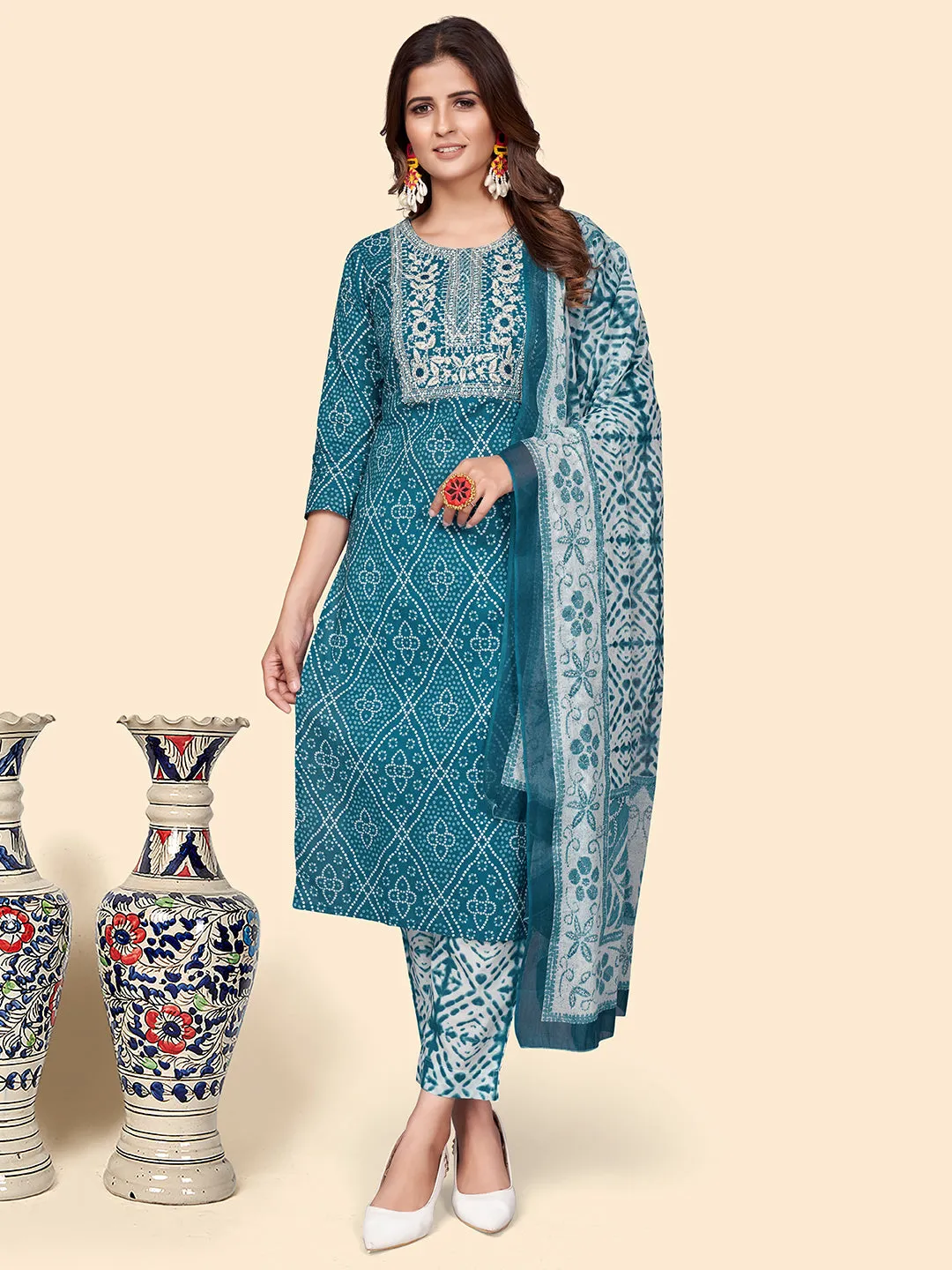 Women'S Print & Embroidered Straight Cotton Teal Stitched Kurta Pant With Dupatta