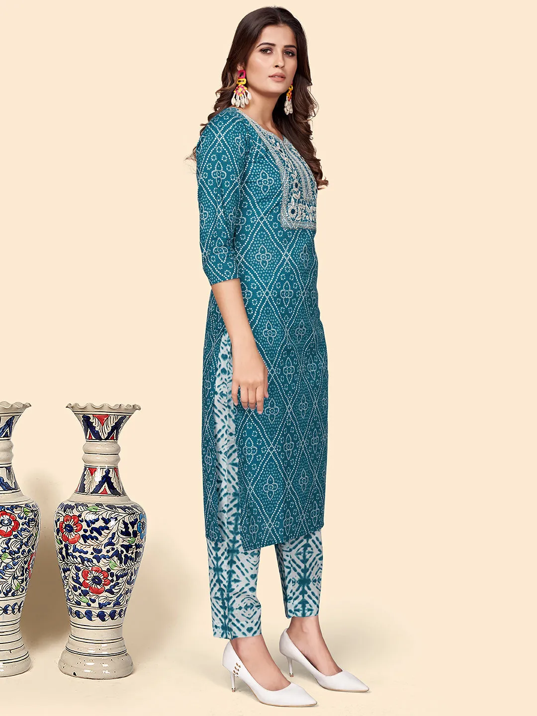 Women'S Print & Embroidered Straight Cotton Teal Stitched Kurta Pant With Dupatta