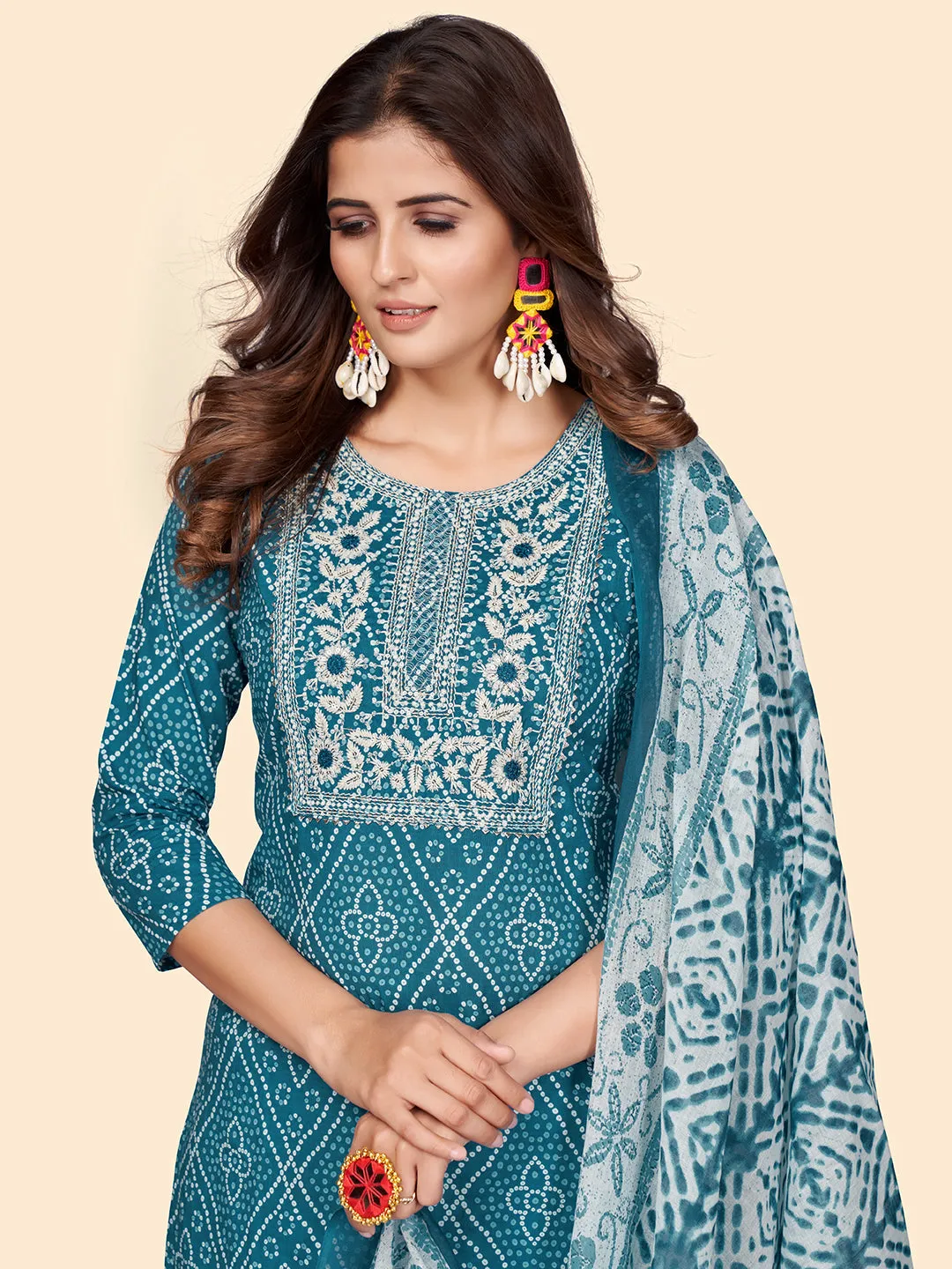 Women'S Print & Embroidered Straight Cotton Teal Stitched Kurta Pant With Dupatta