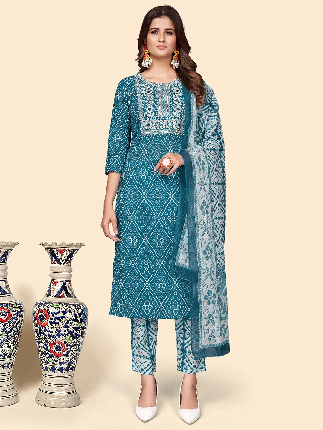 Women'S Print & Embroidered Straight Cotton Teal Stitched Kurta Pant With Dupatta