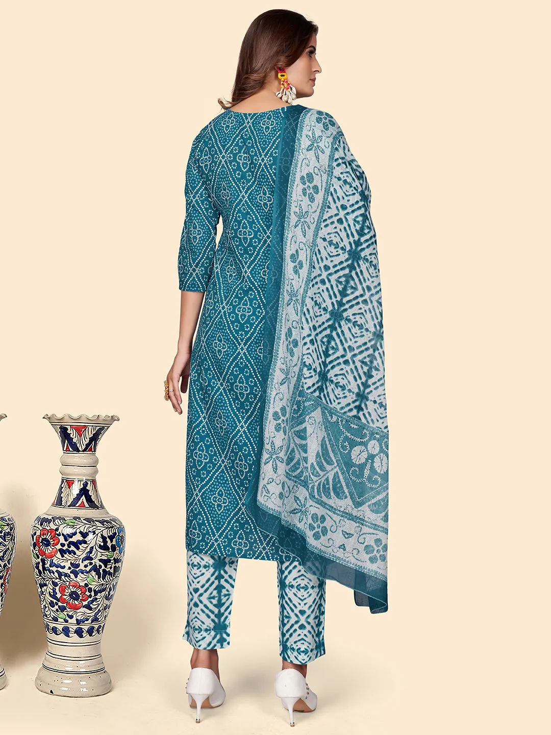 Women'S Print & Embroidered Straight Cotton Teal Stitched Kurta Pant With Dupatta